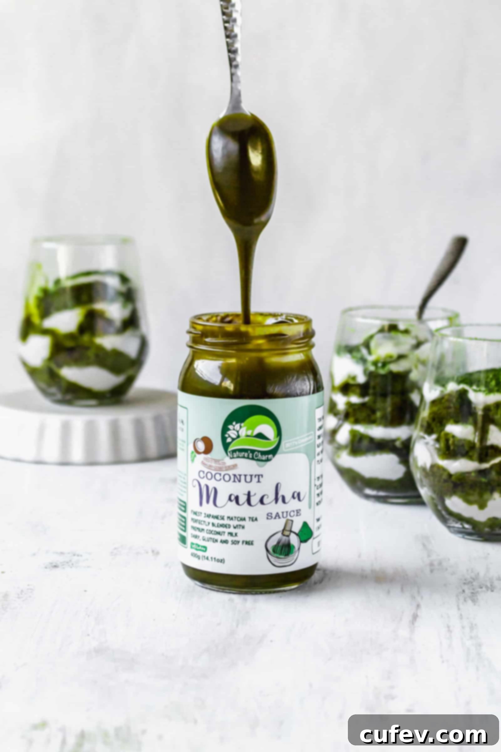 Nature's Charm coconut whipping cream and coconut matcha sauce makes this vegan dessert super easy to make!