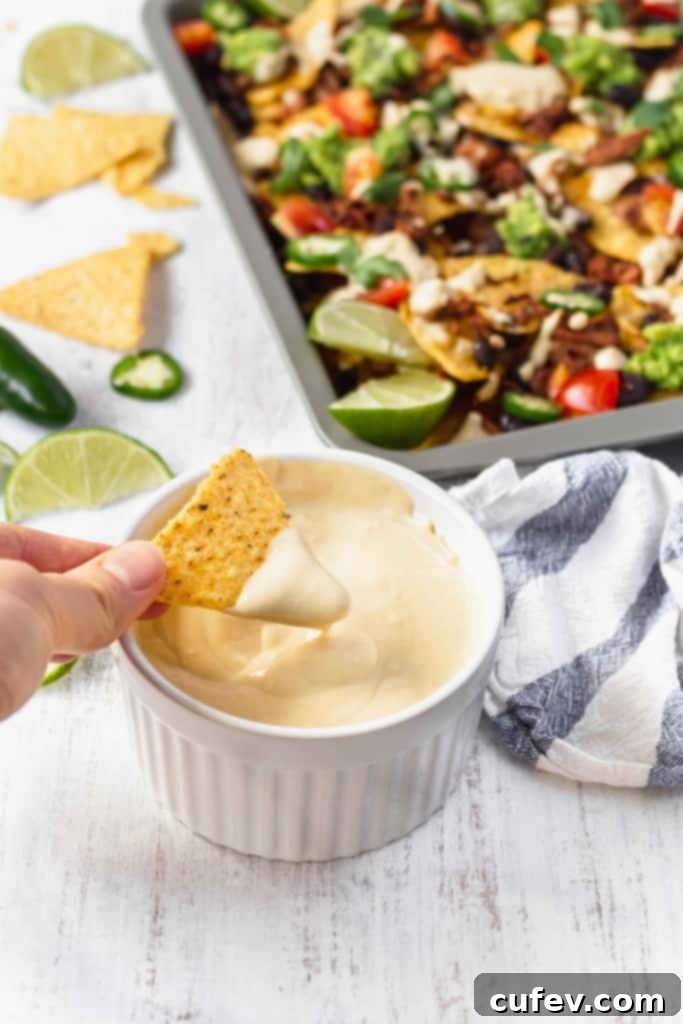Ingredients for creamy vegan queso, including Chef's Choice coconut milk, nutritional yeast, cashews, and spices.