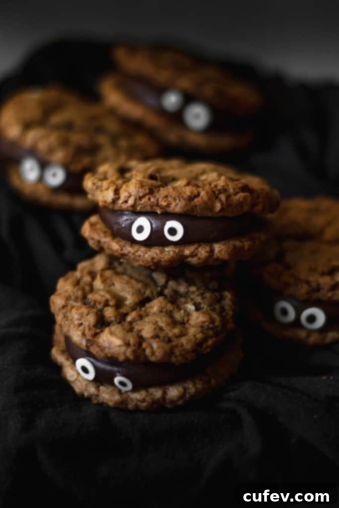 Chocolate fudge sandwiched between two oatmeal cookies make for a delicious and spooky treat!