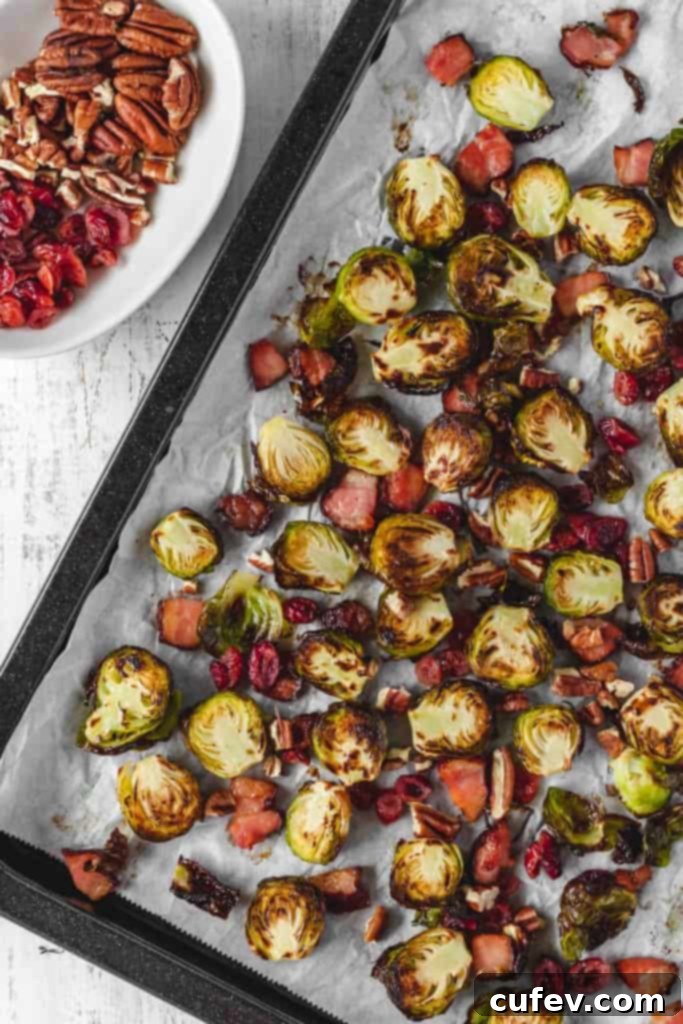 Close-up of crispy roasted Brussels sprouts with bacon, cranberries, and pecans, showing golden-brown edges and vibrant colors.