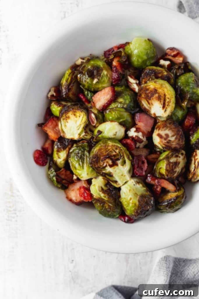 A beautifully arranged serving of roasted Brussels sprouts with bacon, dried cranberries, and pecans, ready to be enjoyed as a Thanksgiving side dish.