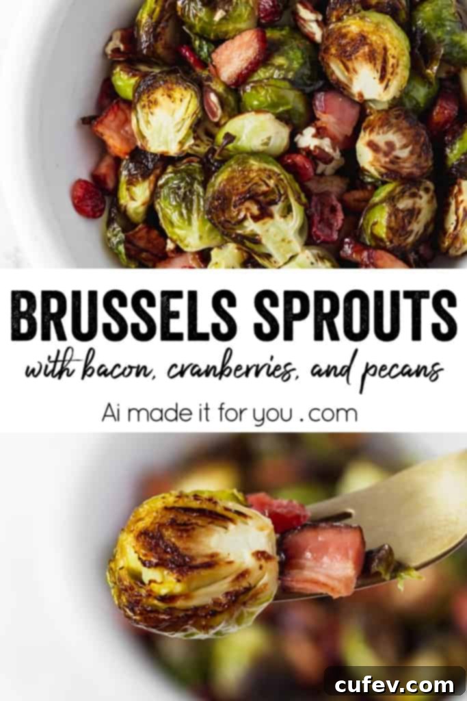 A vibrant serving of roasted Brussels sprouts with bacon, dried cranberries, and toasted pecans, beautifully presented.