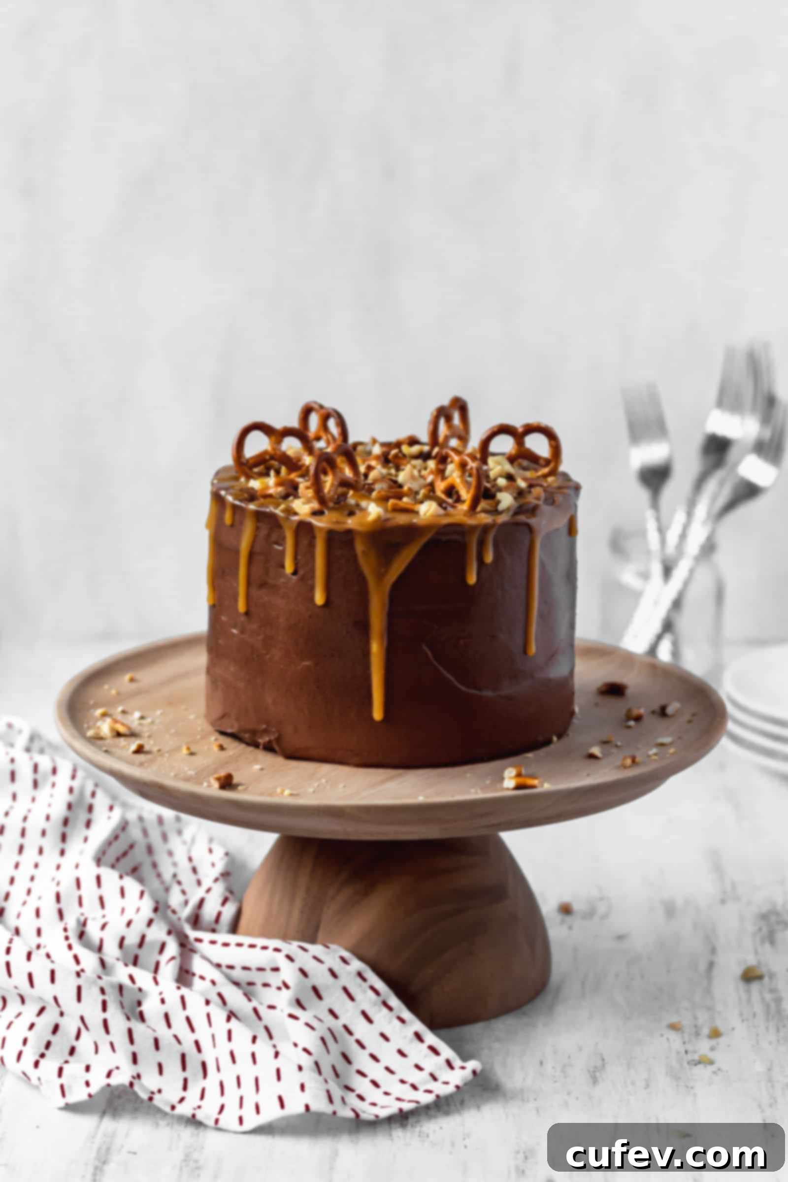 Frosted chocolate cake with peanuts and pretzels on a cake stand, drizzled with caramel