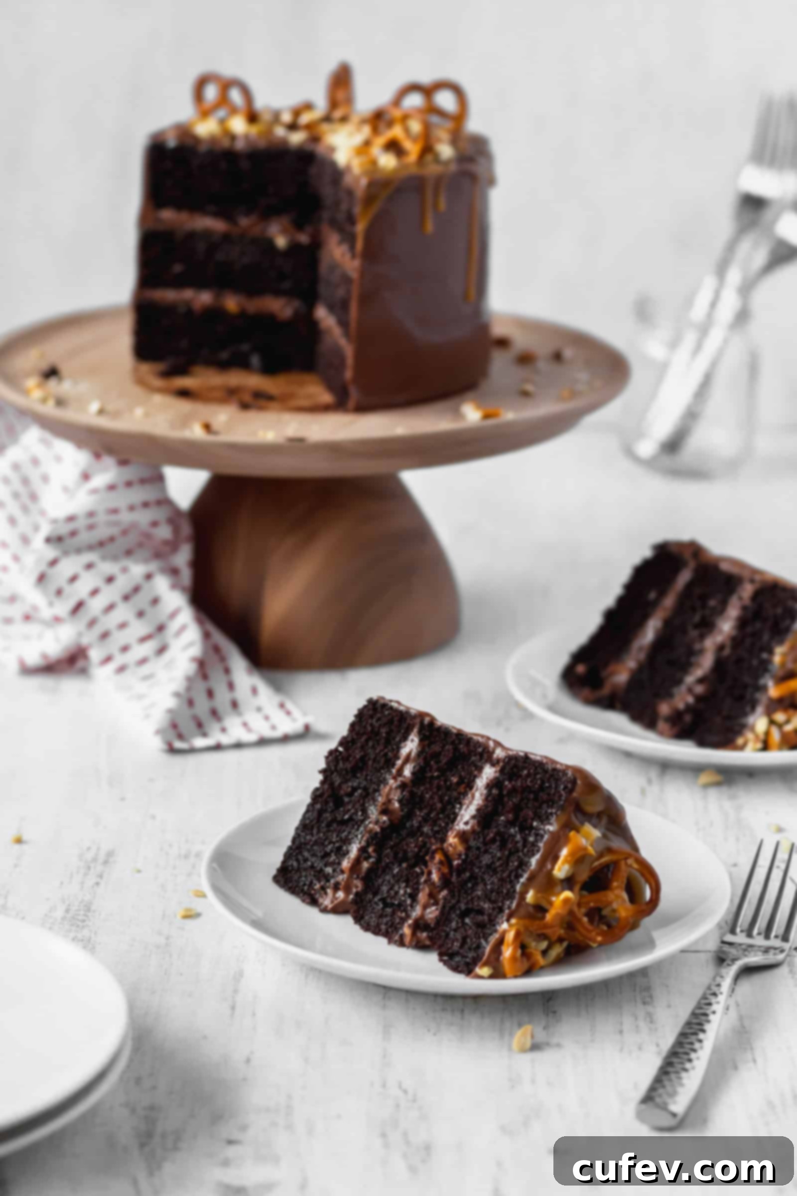 Chocolate cake sliced and served on plates with a fork, showing moist layers and toppings