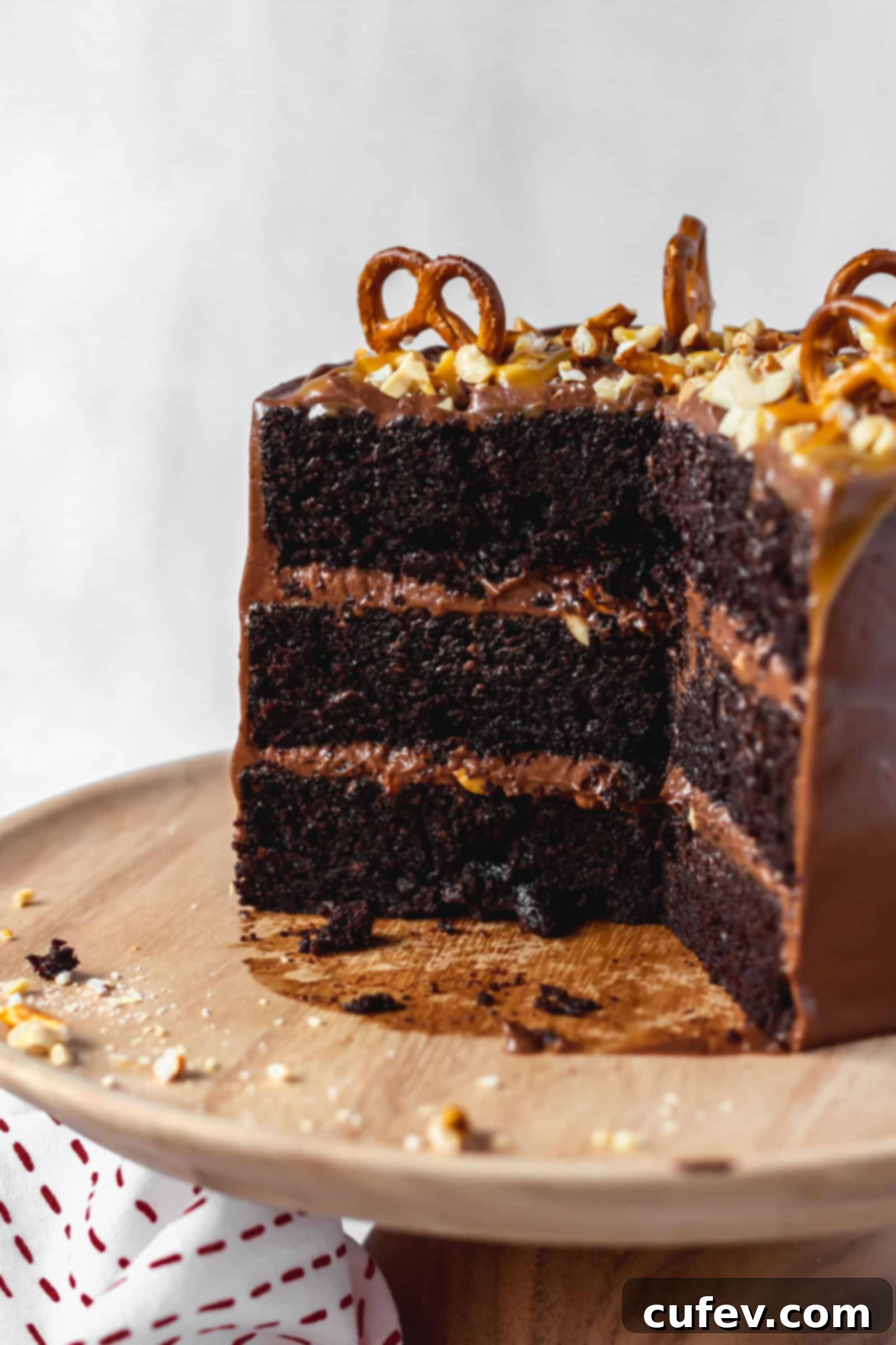 Moist and fluffy chocolate cake with peanuts, pretzels, and chocolate cream cheese frosting
