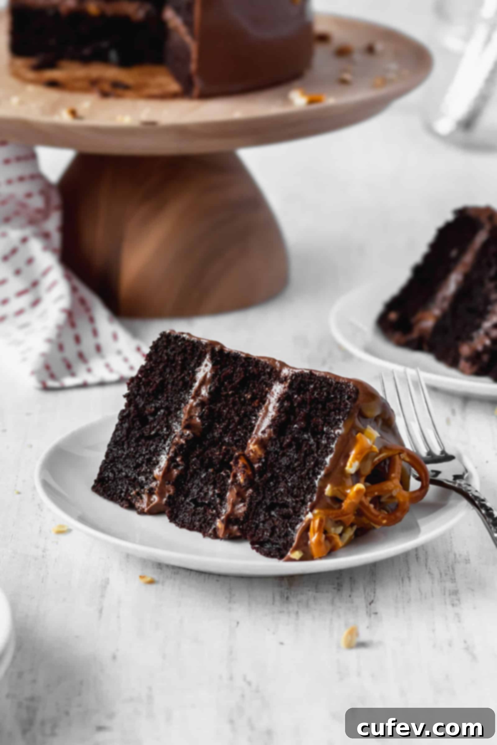 A slice of moist and fluffy chocolate cake with peanuts, pretzels, and chocolate cream cheese frosting