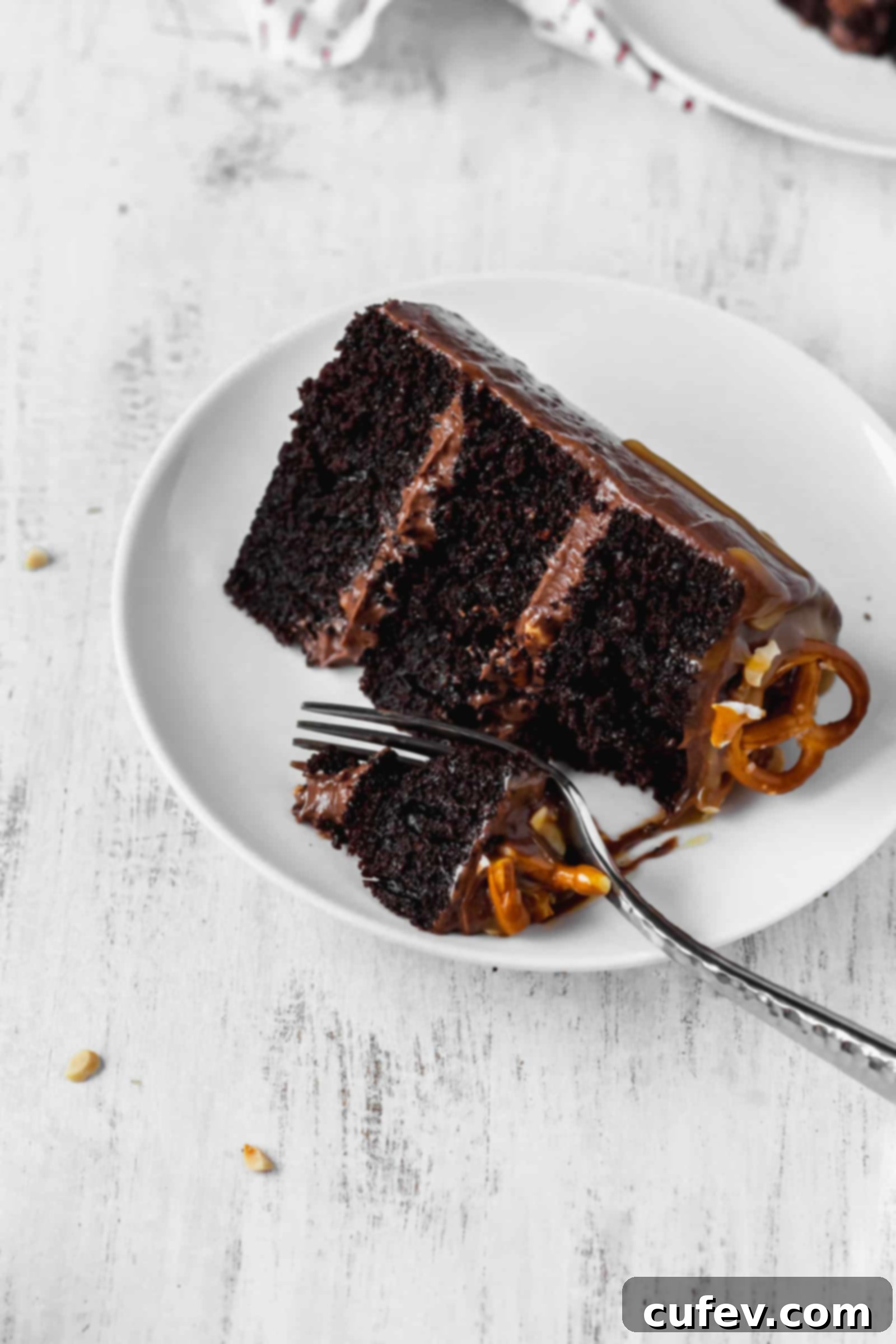 A slice of moist and fluffy chocolate cake on a white plate, showing the layers