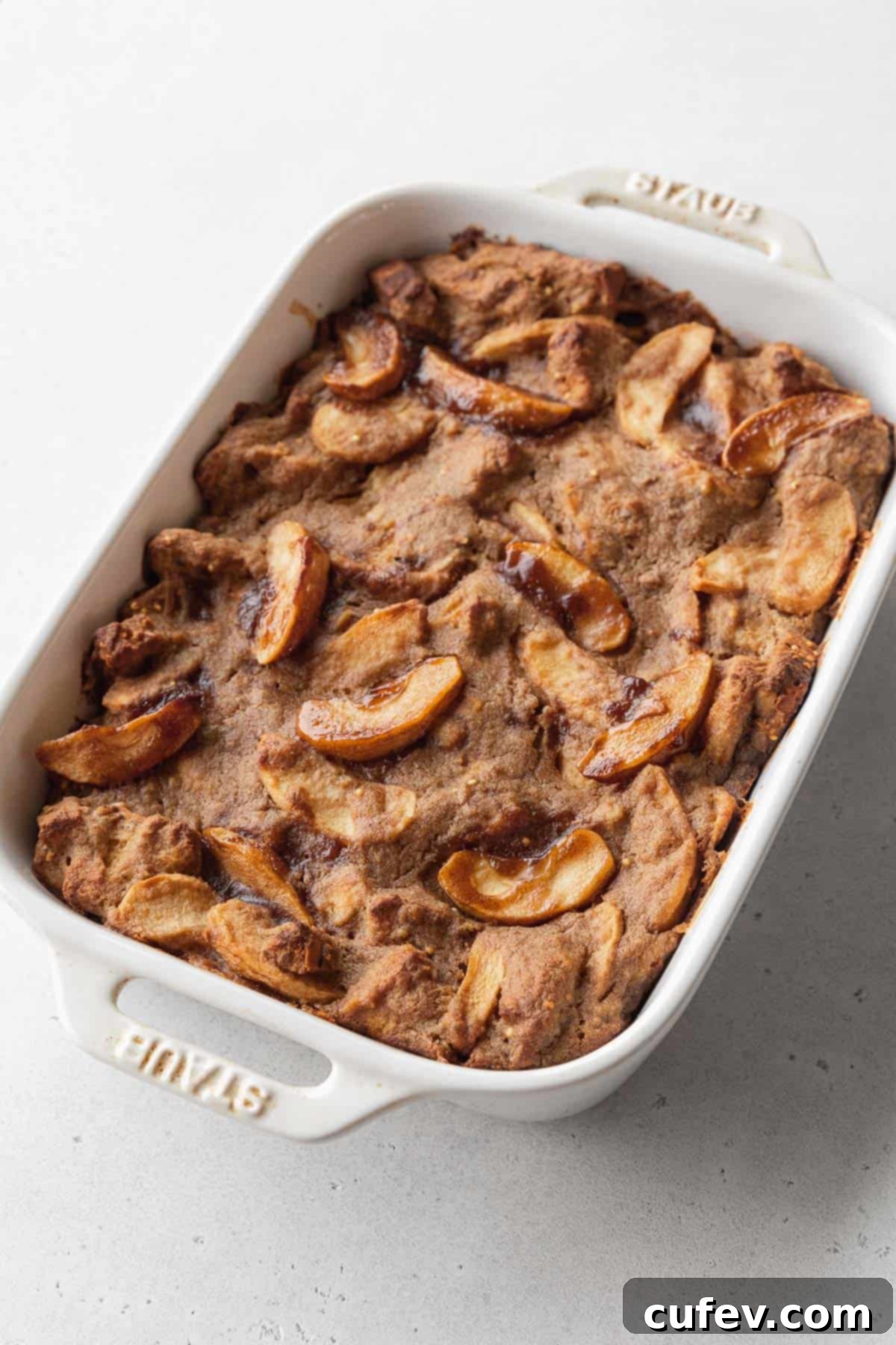 Cozy Vegan Bread Bake 15 The baked vegan bread pudding, golden-brown and bubbling, presented in a pristine white casserole dish, freshly out of the oven.