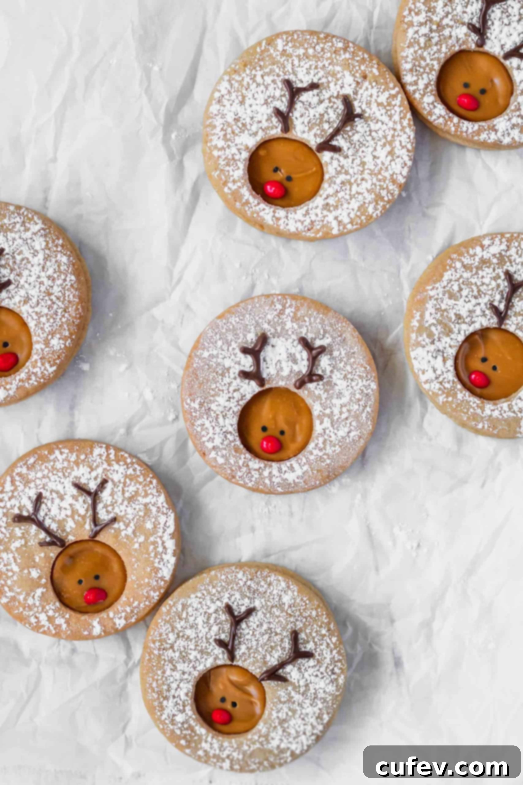 A cluster of Rudolph reindeer cookies dusted with powdered sugar on a white surface, ready for decoration or serving.