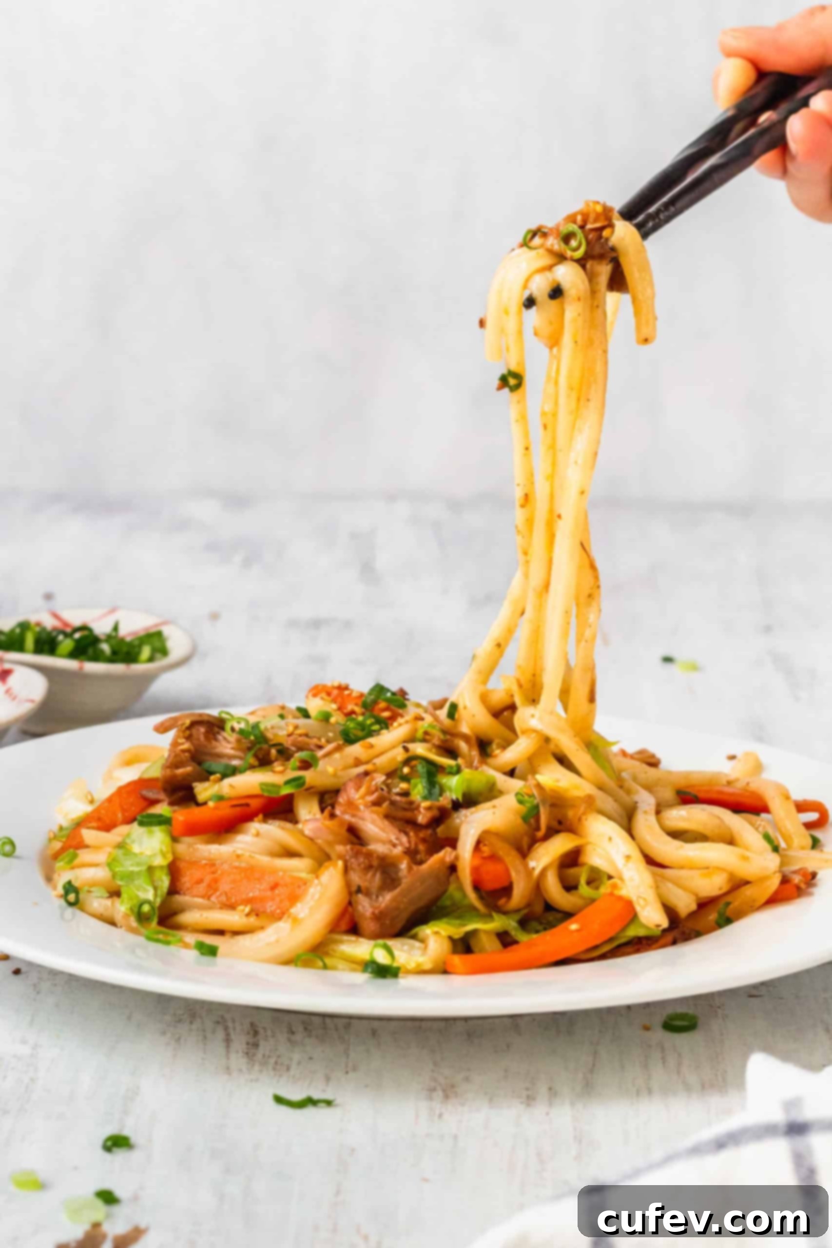 A serving of Vegan Massaman Udon noodles being lifted with chopsticks, demonstrating the noodle's chewy texture and the rich curry coating.