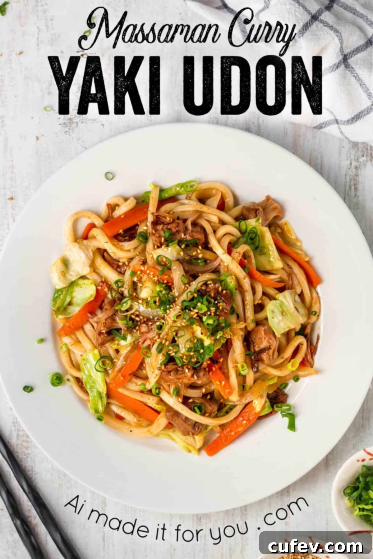 A beautifully presented plate of vegan massaman yaki udon, garnished with fresh herbs and sesame seeds, showcasing its vibrant appeal.