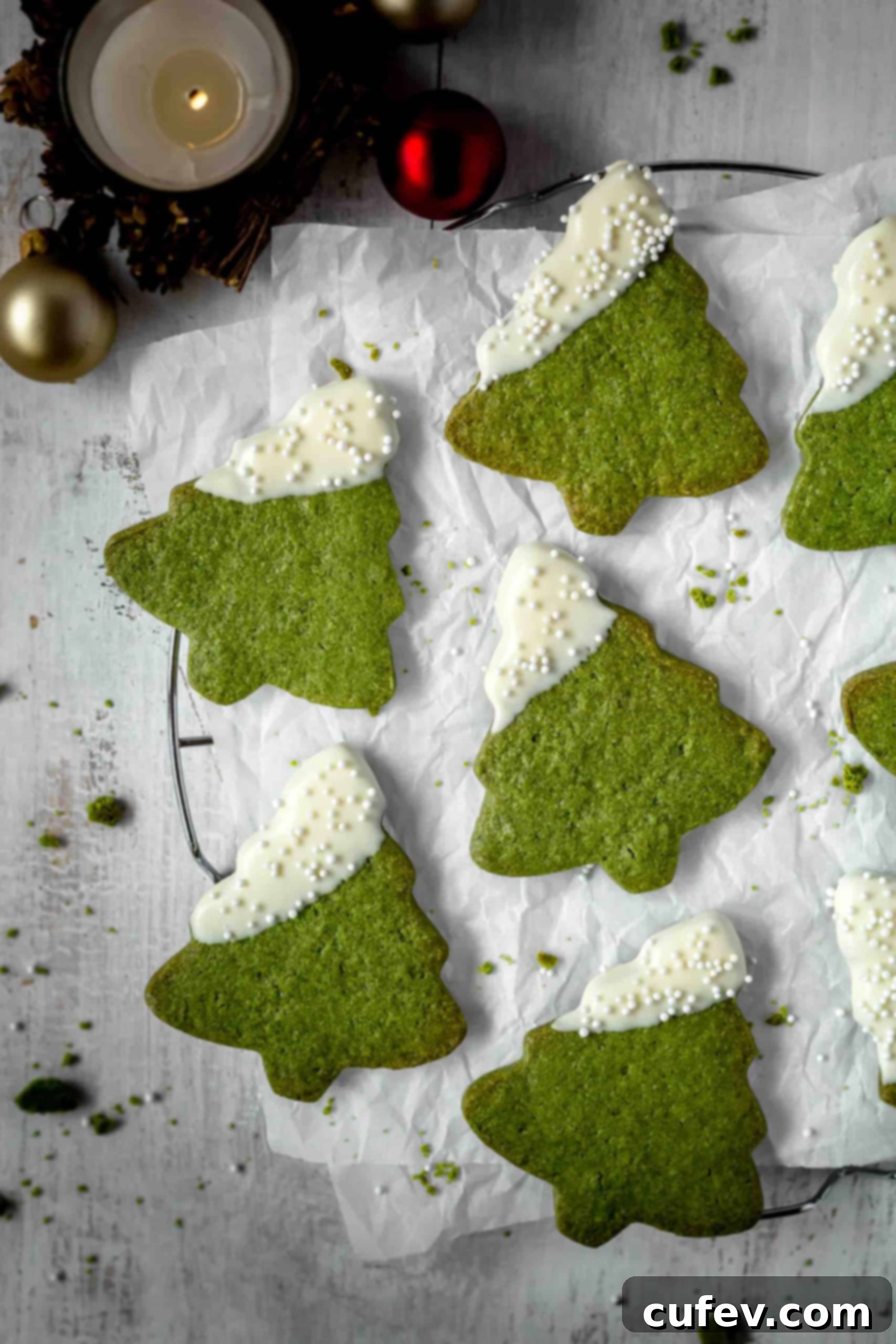 Vibrant green matcha Christmas tree cookies, naturally colored with green tea powder, dipped in white chocolate and sprinkled with nonpareils.