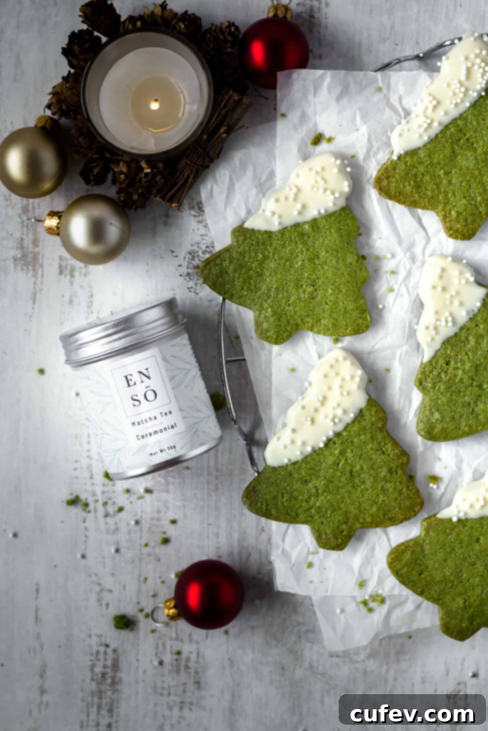 Matcha green tea powder adds a beautiful natural green hue to these festive holiday cookies, making them perfect for Christmas.