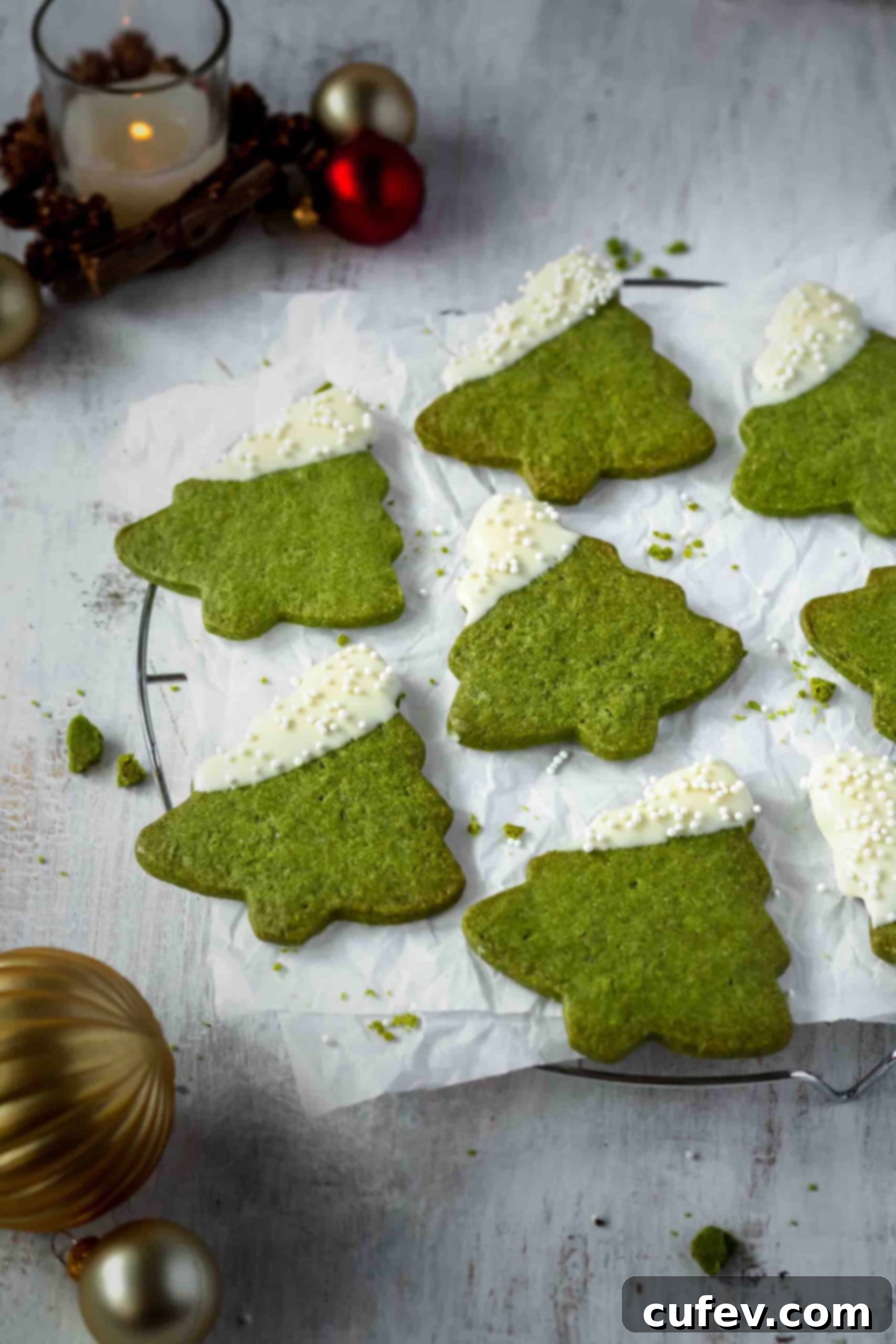 Simple yet elegant decoration of matcha Christmas tree cookies with white chocolate and nonpareils.