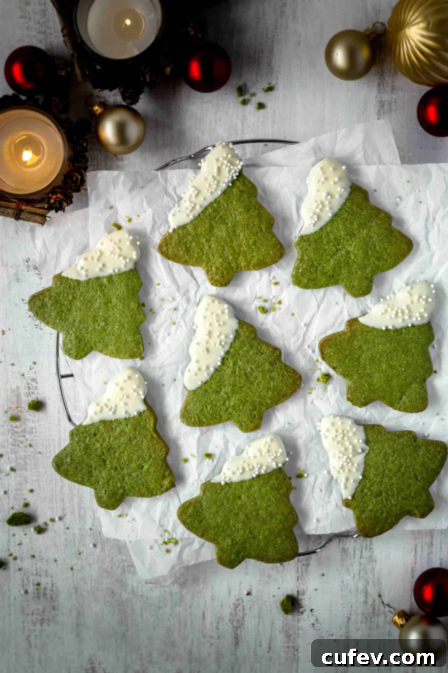 Matcha Christmas tree cookies are the perfect treats this holiday season that don’t include any food coloring! Super easy Christmas cookies! #christmastree #christmastreecookies #christmascookies #matchacookies #easychristmascookies