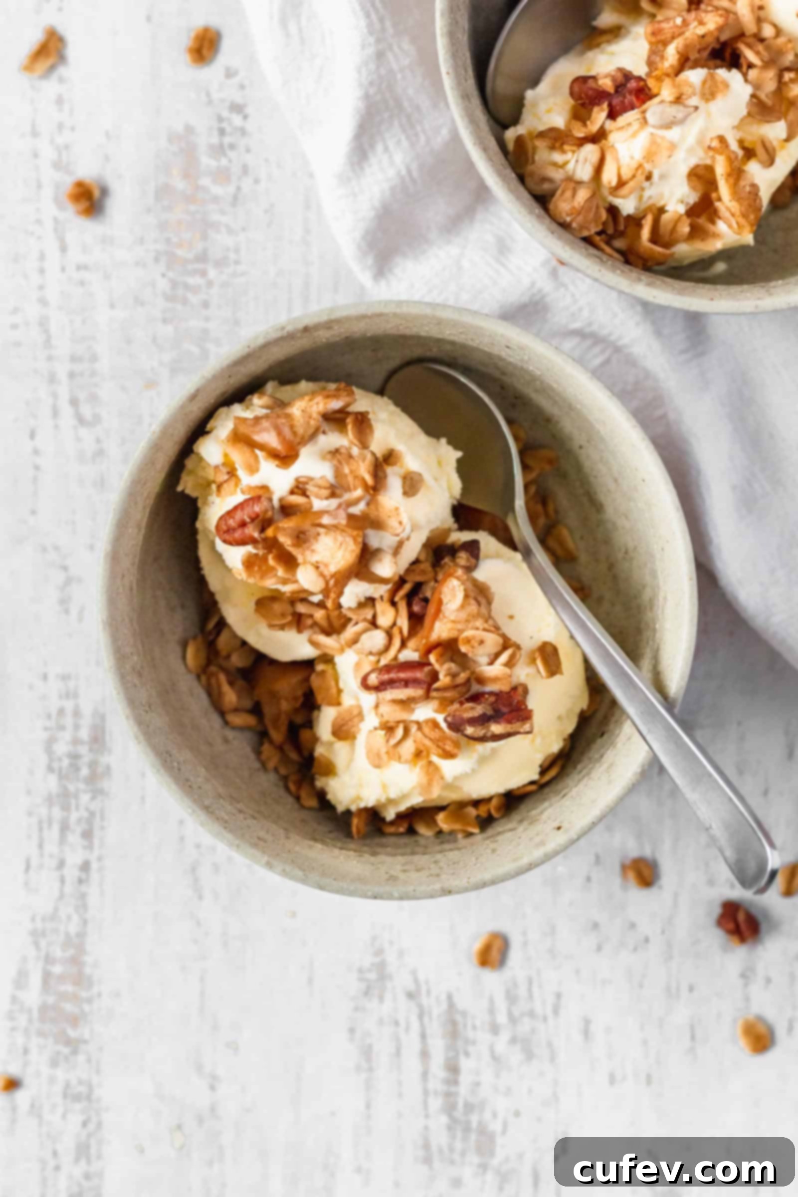 Delicious homemade apple pie granola, a perfect topping for ice cream or yogurt.
