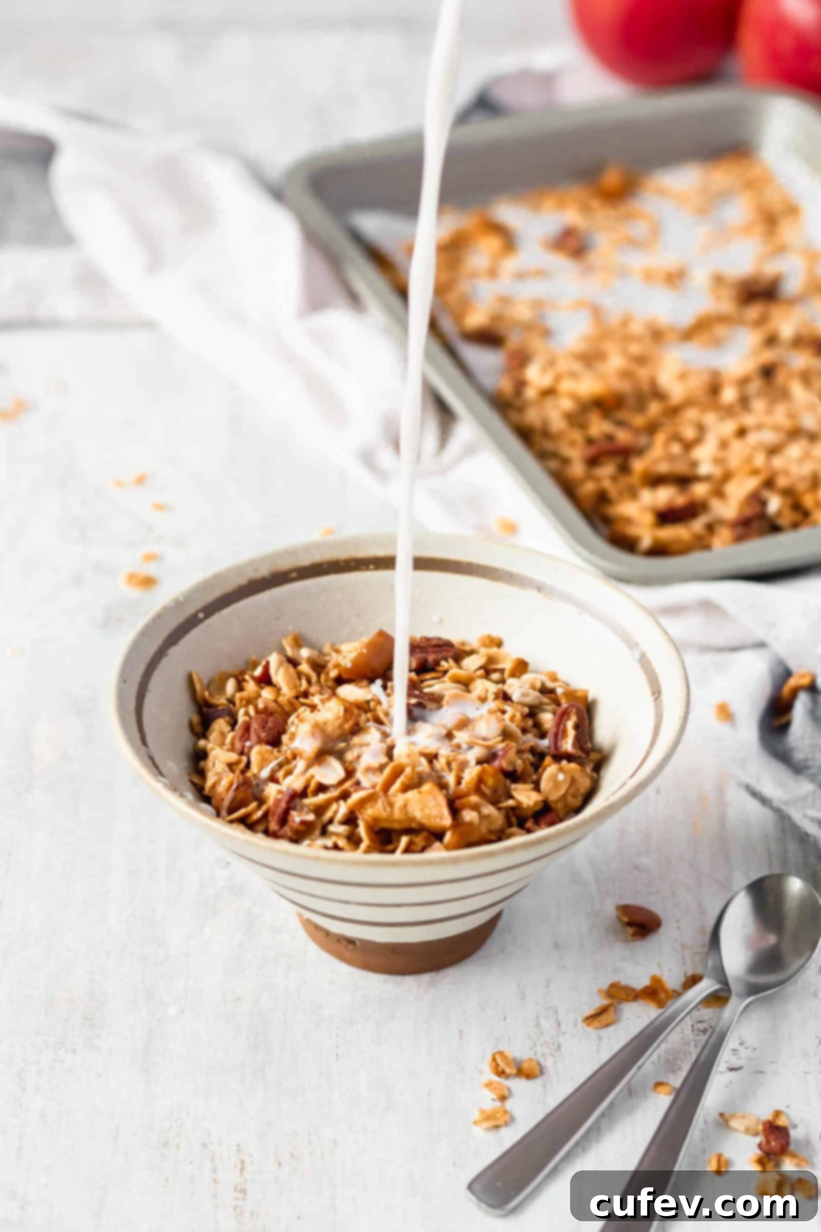 A fun twist on classic granola by adding apples and apple pie spice! A healthy breakfast while enjoying the comforting flavors of apple pie! #applepiegranola #cinnamonapplegranola #applegranola #homemadegranola #healthygranola