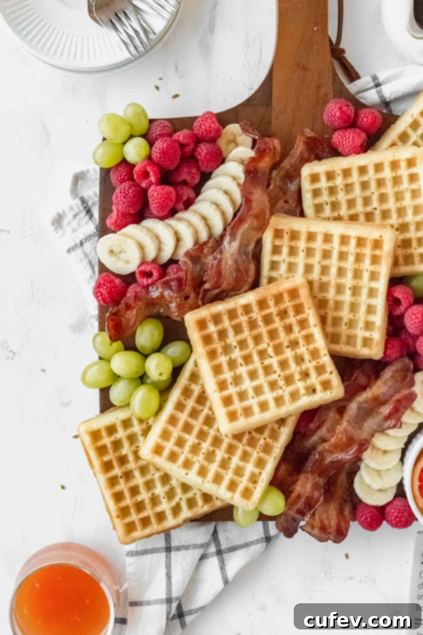 Beautifully arranged gluten-free waffle board featuring waffles, berries, sliced bananas, and bacon for two people.