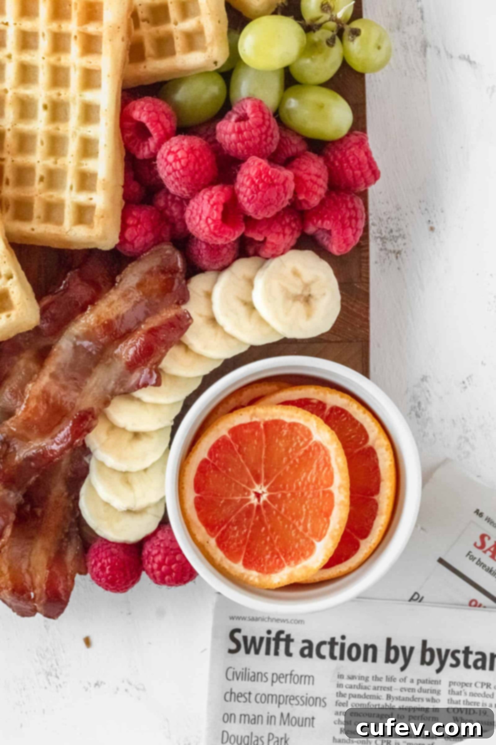 Close-up of a breakfast charcuterie board with green grapes, red raspberries, sliced bananas, orange segments, and crispy bacon.