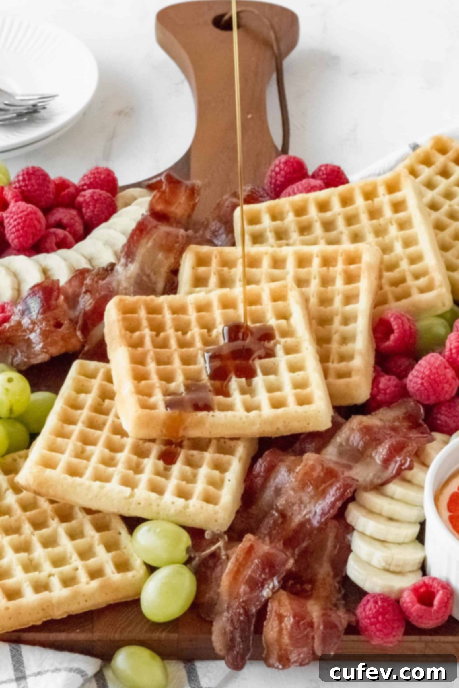Close-up of maple syrup being drizzled over a stack of golden waffles on a breakfast charcuterie board.