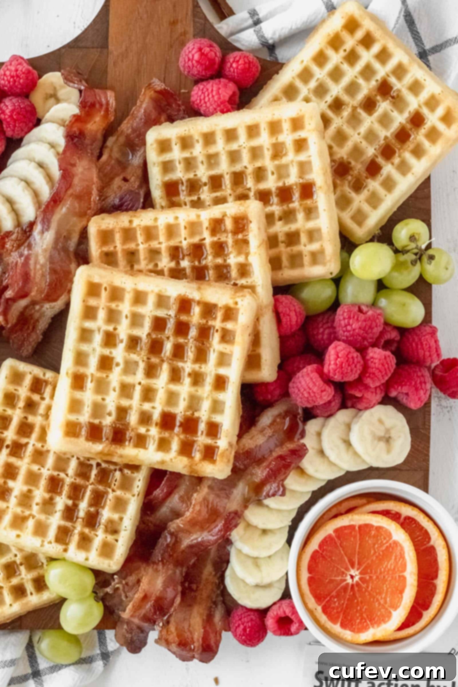 Arranged waffles on a breakfast charcuterie board, with some drizzled with maple syrup, waiting for more toppings.