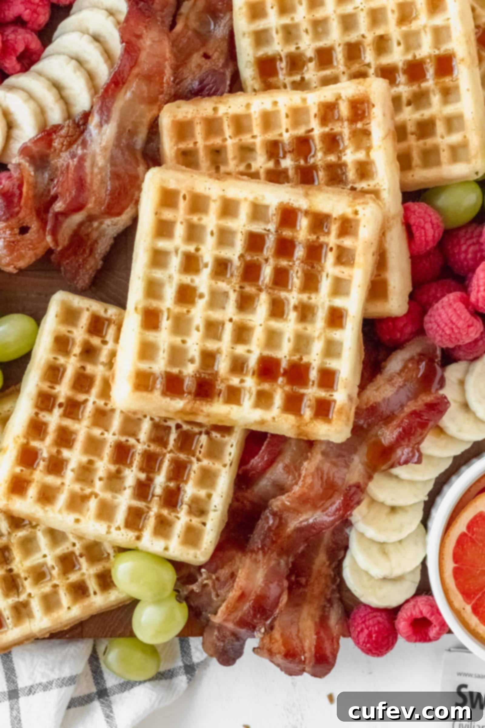 Waffles and cooked bacon beautifully arranged on a breakfast charcuterie board, ready for fruit additions.