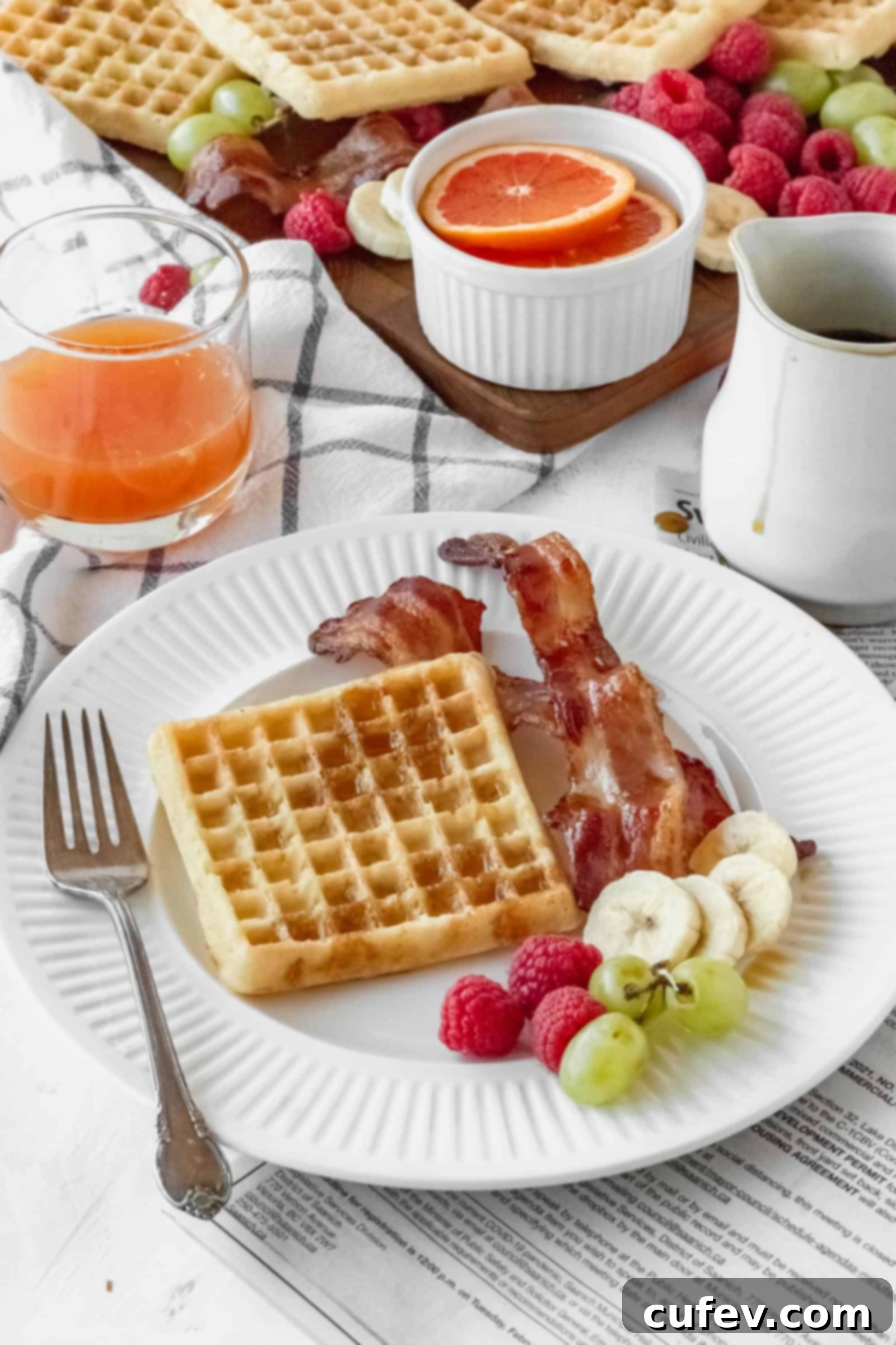 A delectable breakfast plate with a waffle, crispy bacon, and an assortment of fresh fruits like grapes, oranges, and raspberries.