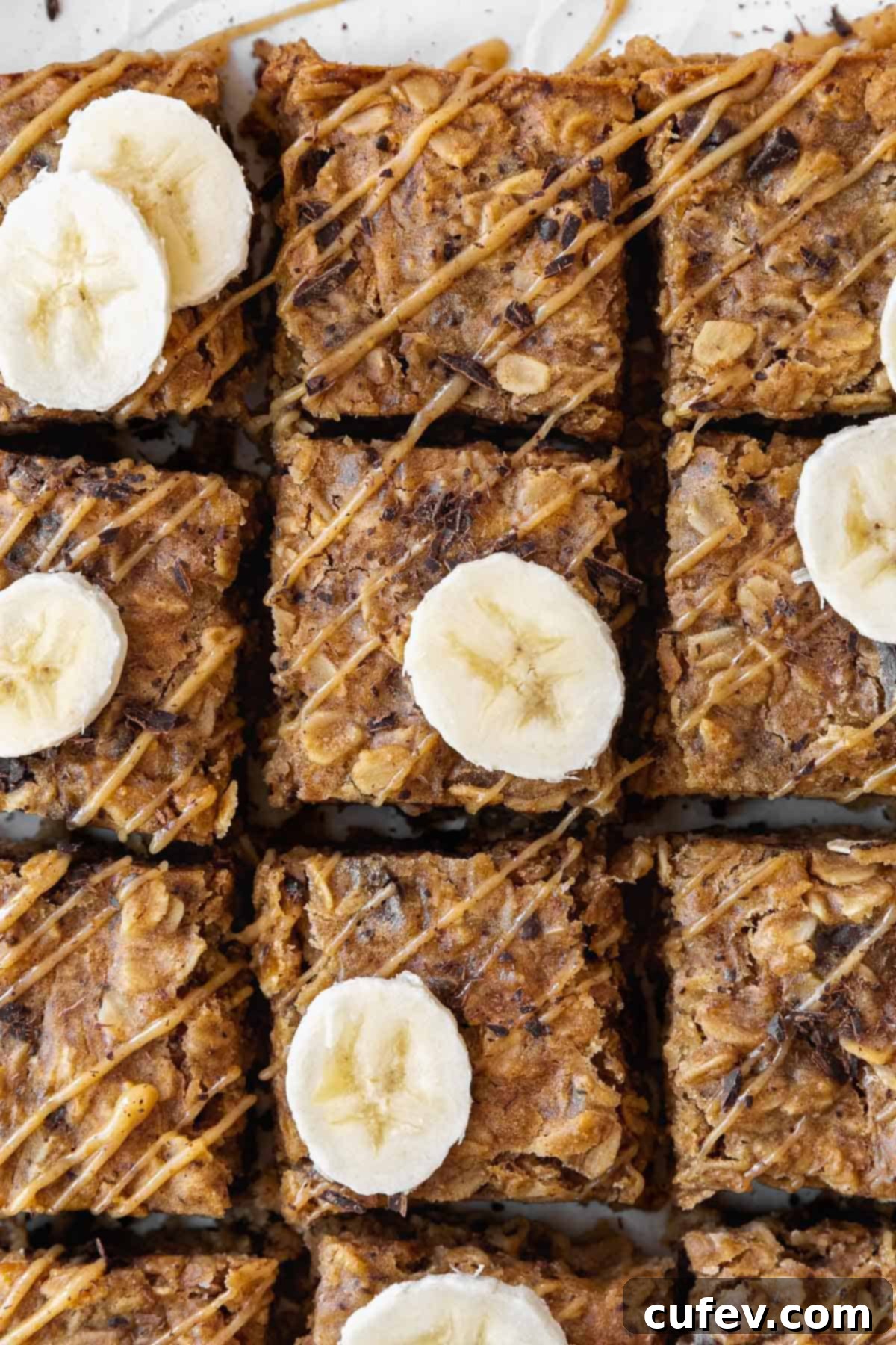 An overhead shot of sliced peanut butter banana oatmeal bars.