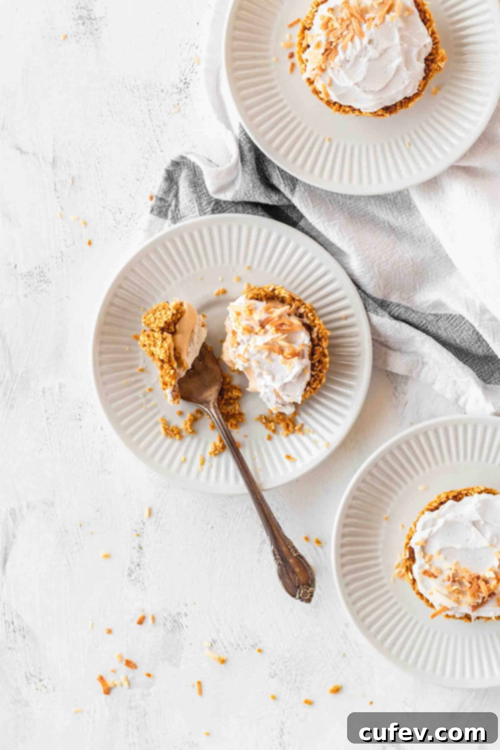 Vegan individual coconut cream pies artfully arranged on plates, garnished with toasted coconut flakes