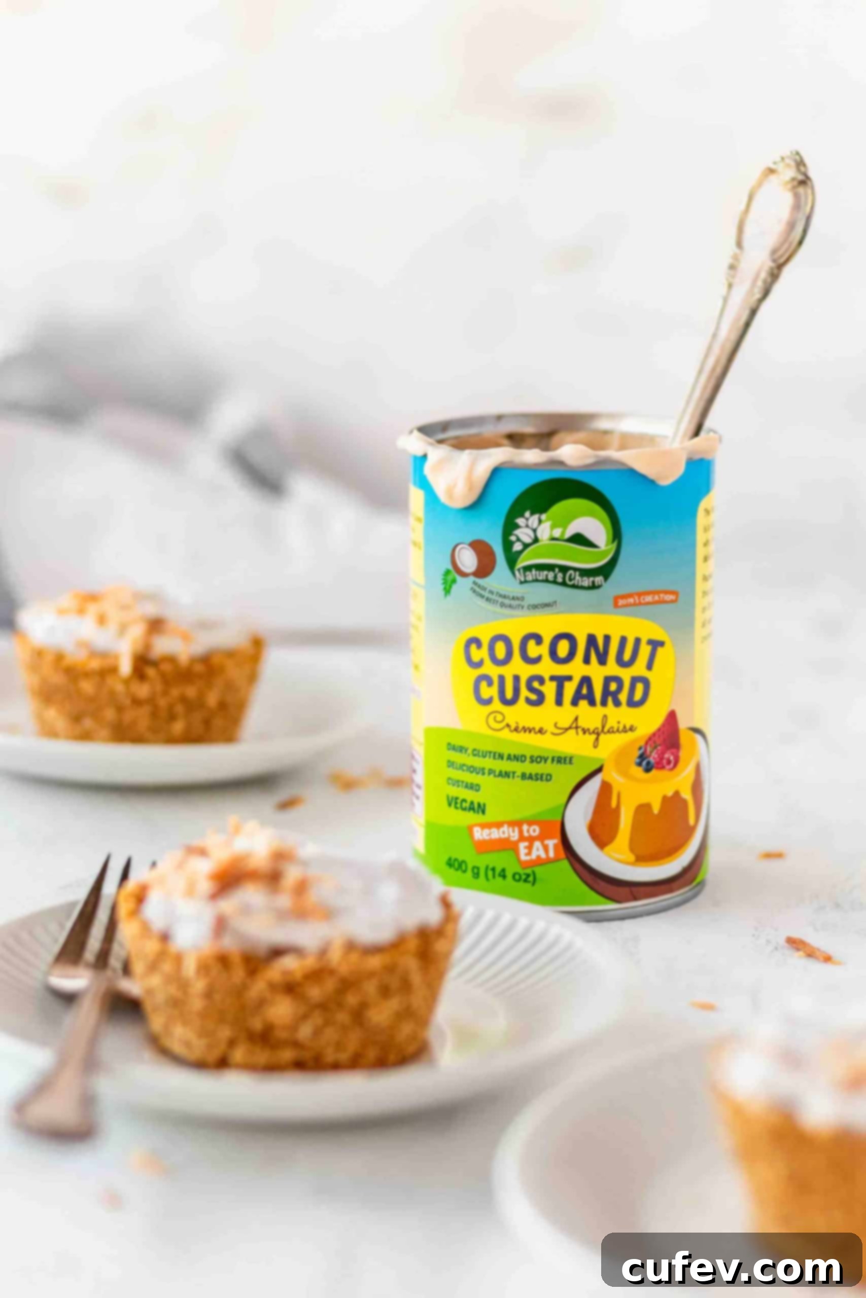 An opened can of vegan coconut custard with a spoon, showing its creamy texture