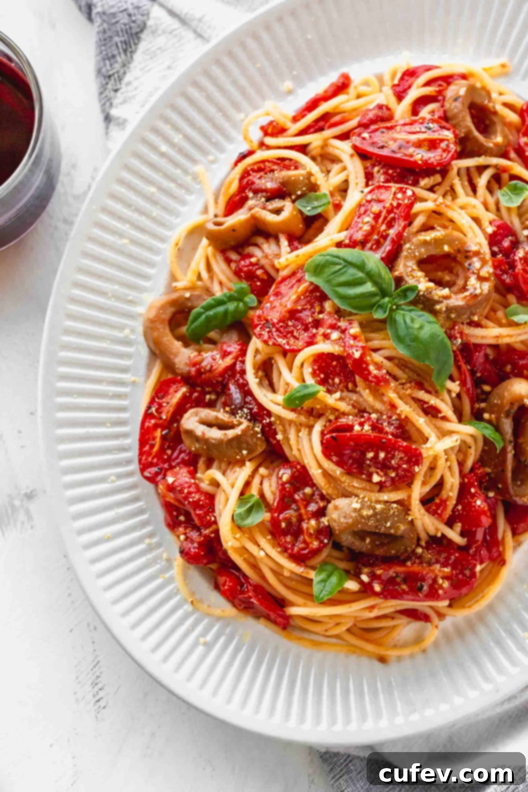 Vegan Calamari and Burst Tomato Pasta 2 Plate of pasta with roasted tomatoes and vegan calamari