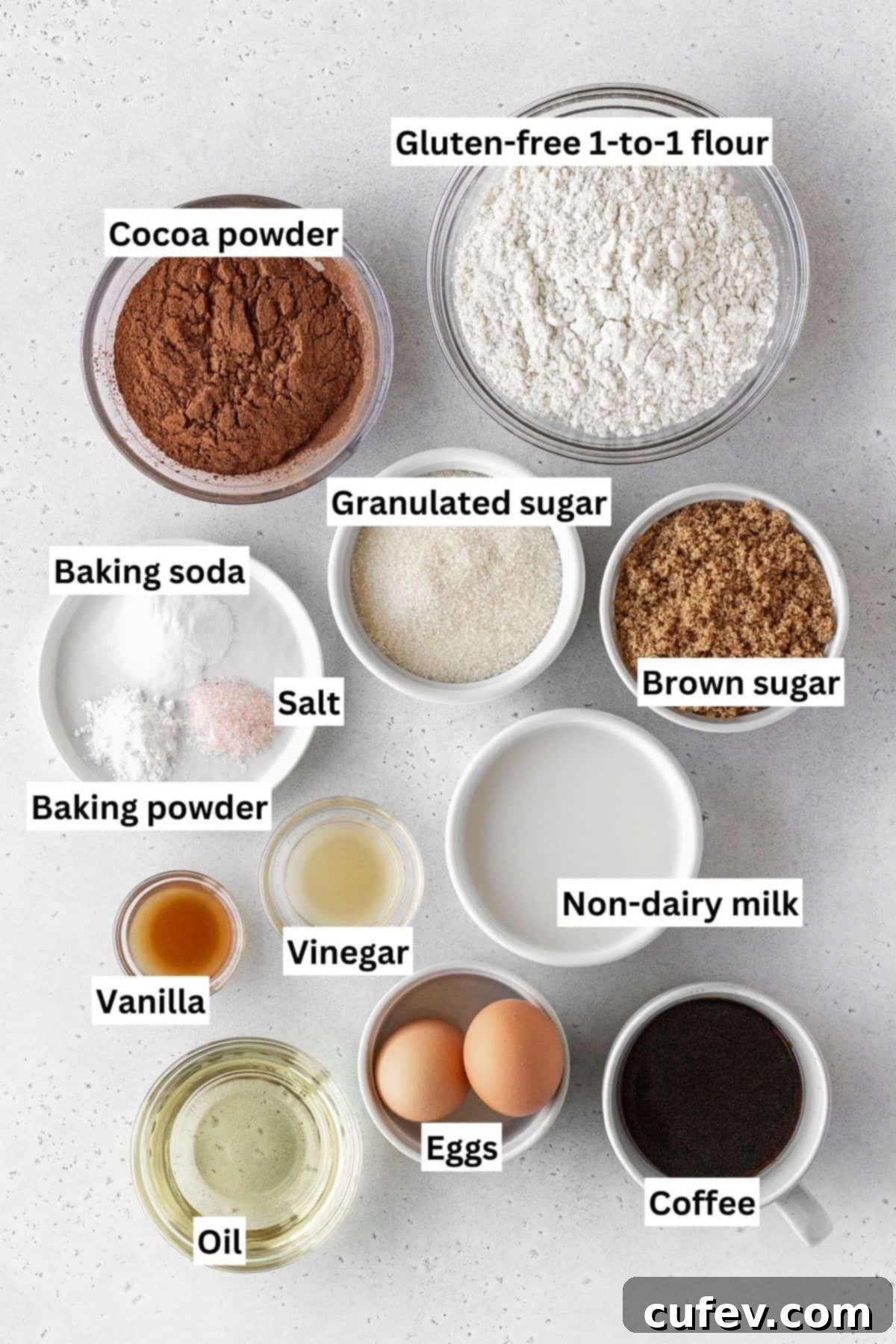 Gluten-free German chocolate cake ingredients measured out into bowls with text overlay.