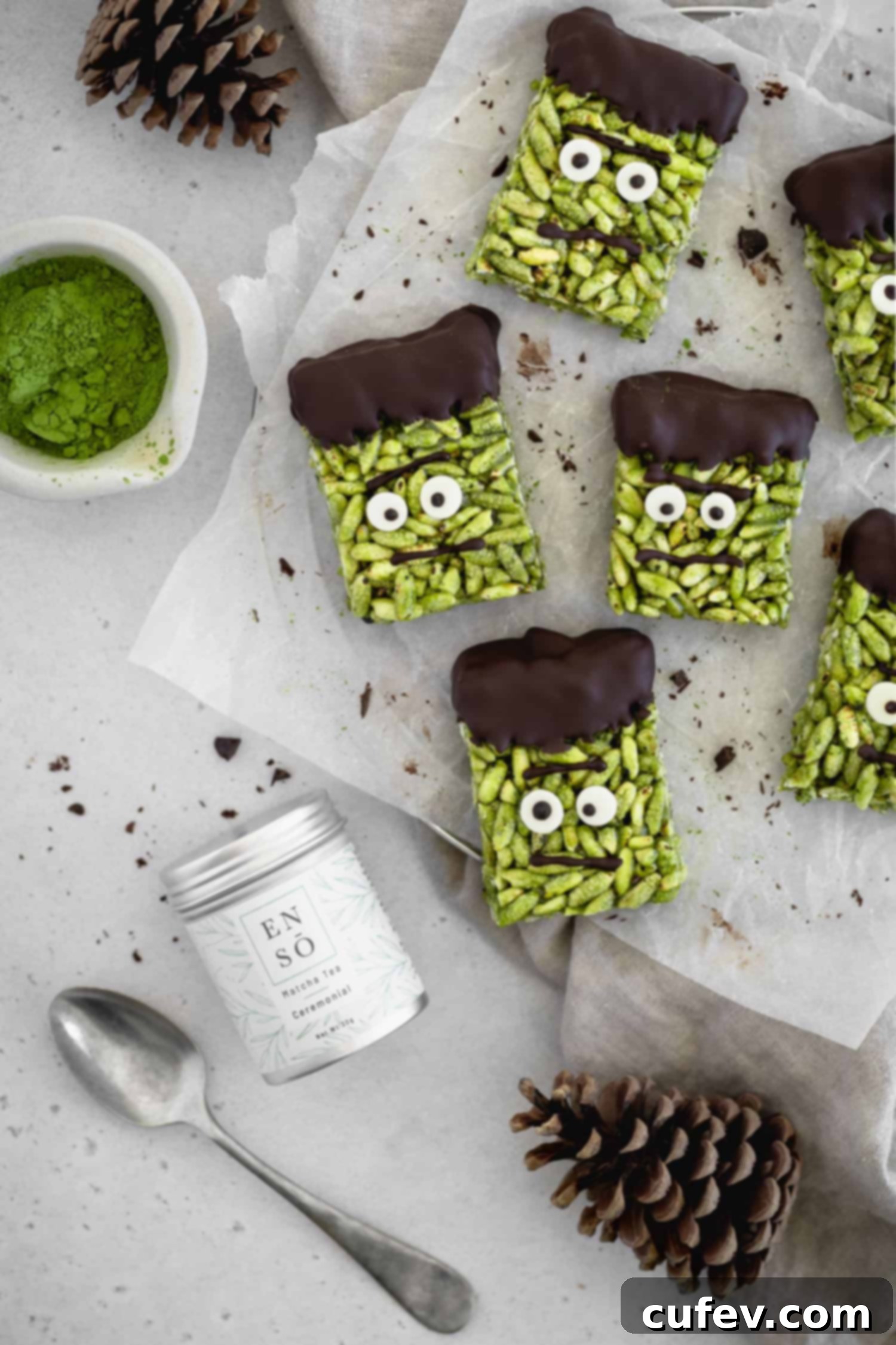 Frankenstein rice crispy treats with a can of matcha powder