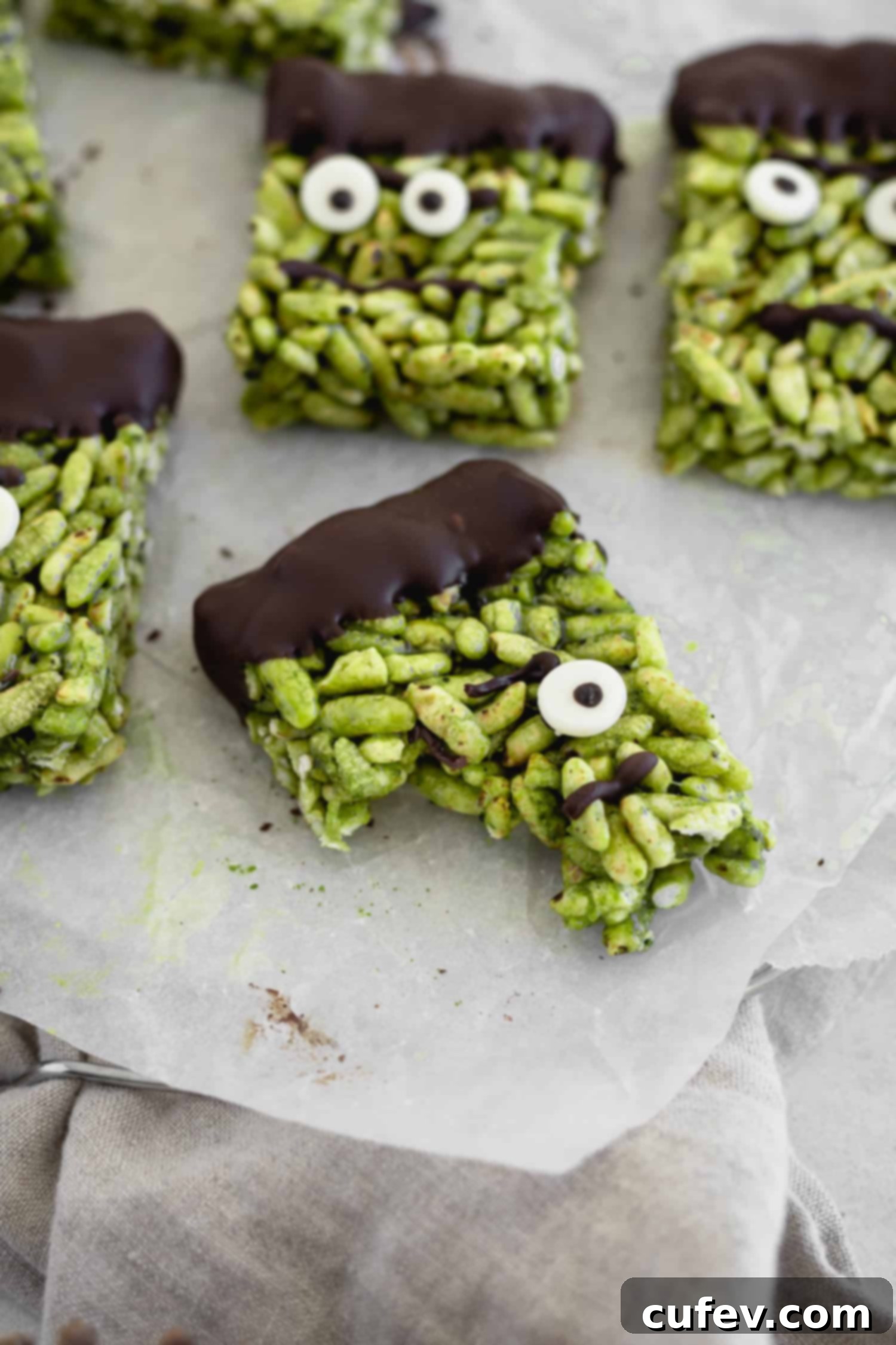 A bitten piece of green Halloween treat