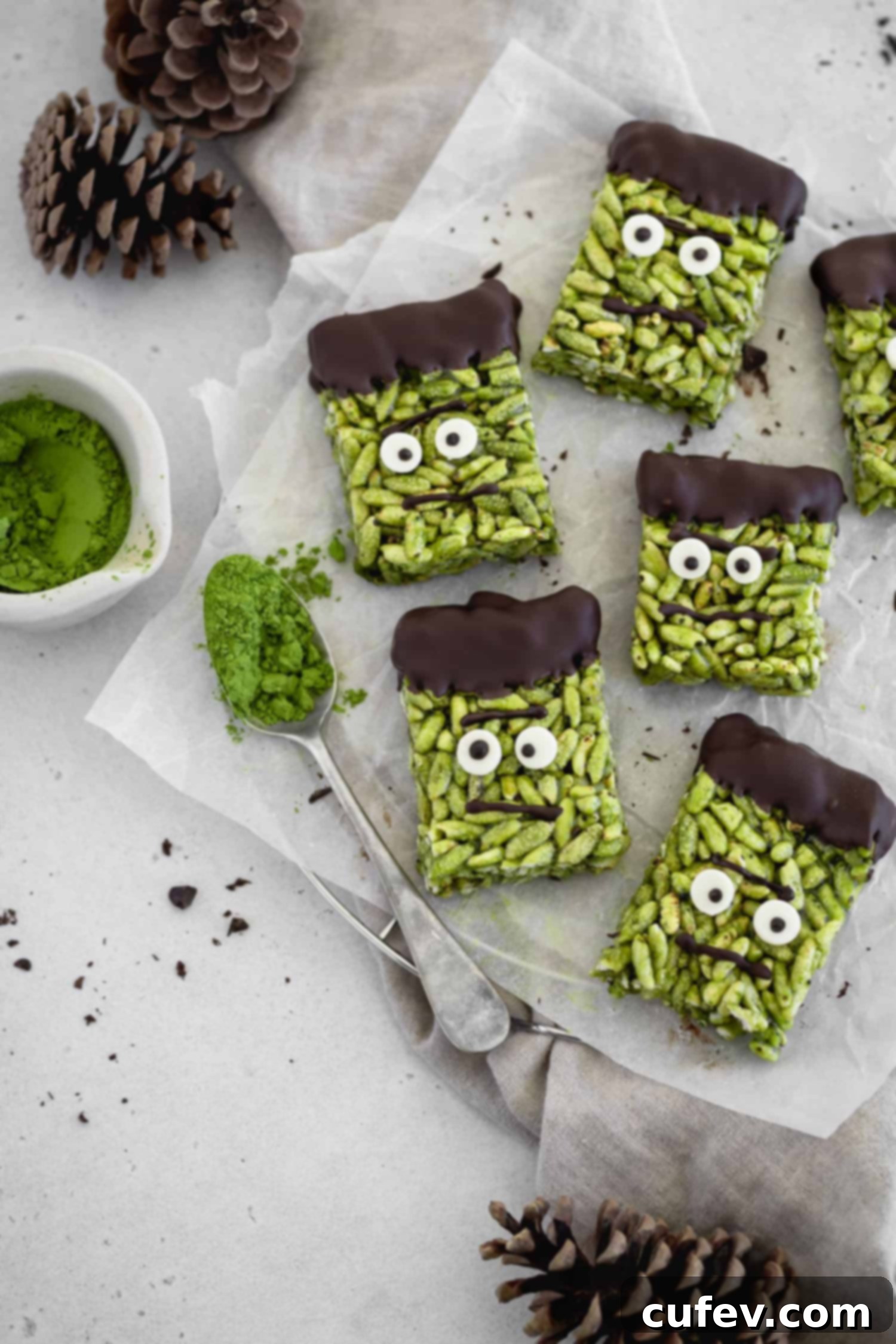 Matcha rice crispy treats decorated as Frankenstein
