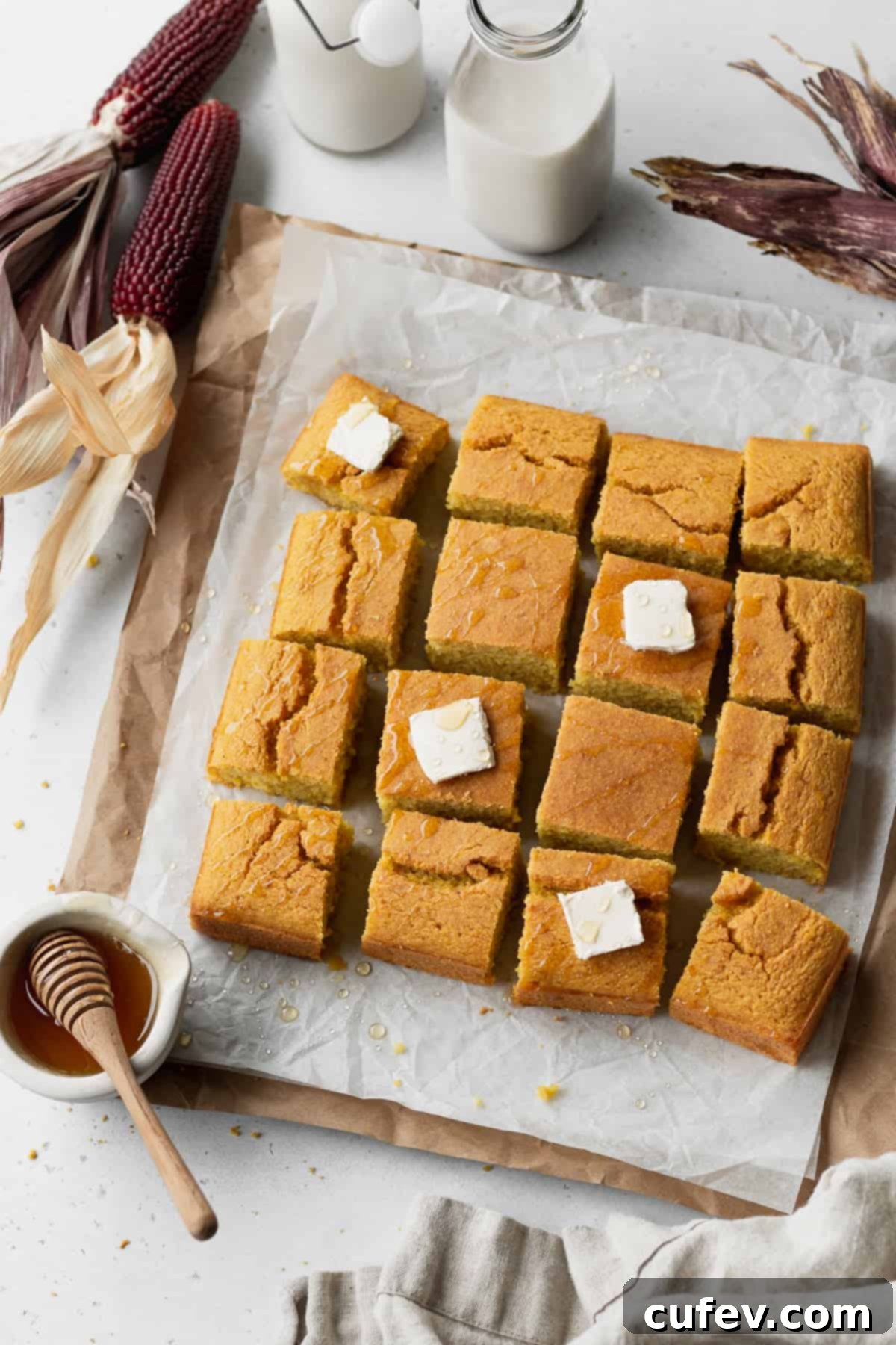 Golden Gluten-Free Cornbread Delight 14 Table scene with dried corn on the cob surrounding a batch of dairy-free gluten-free cornbread cut into squares and topped with pads of butter.
