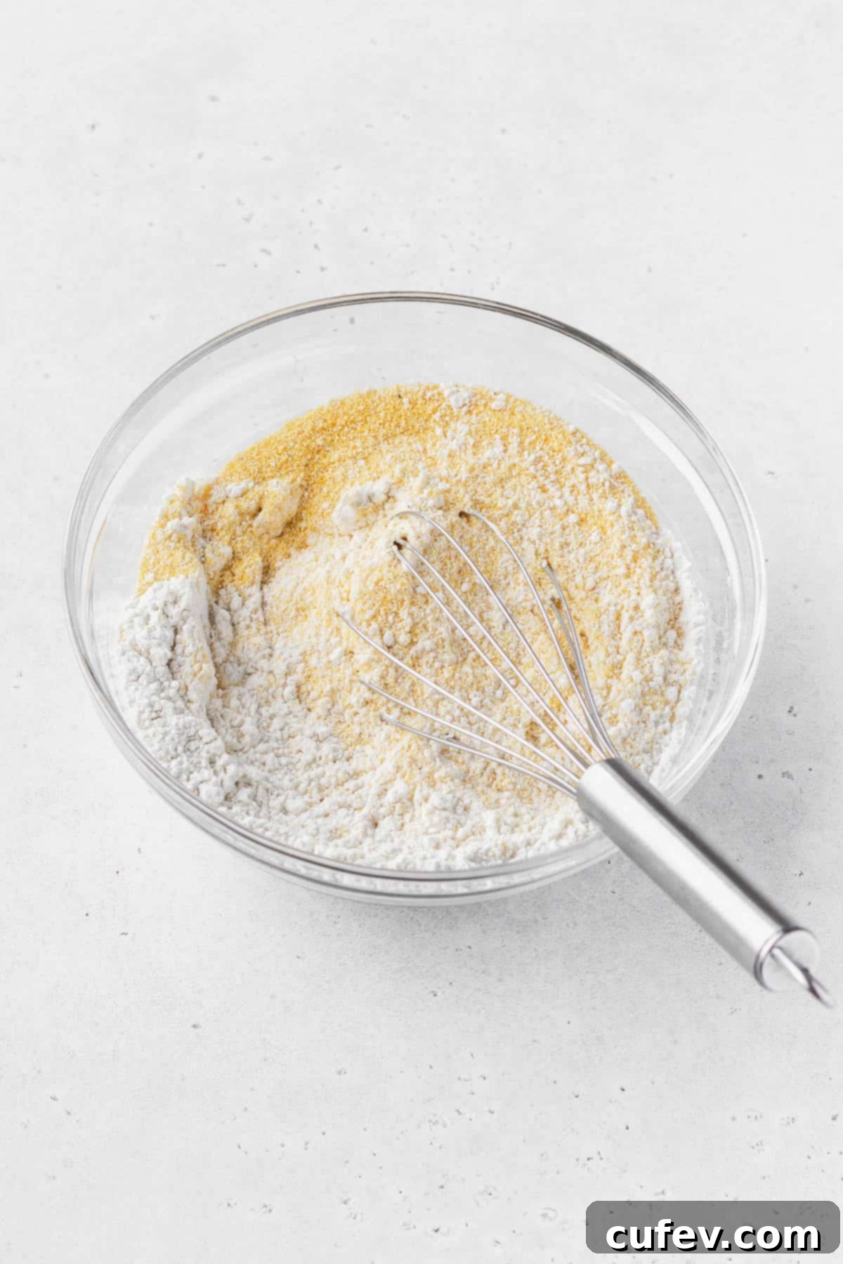 Golden Gluten-Free Cornbread Delight 4 Dry ingredients for dairy-free cornbread being whisked together in a bowl.