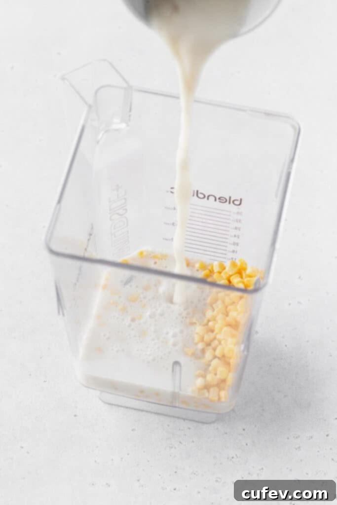 Golden Gluten-Free Cornbread Delight 6 Non-dairy buttermilk added to corn kernels in the blender.