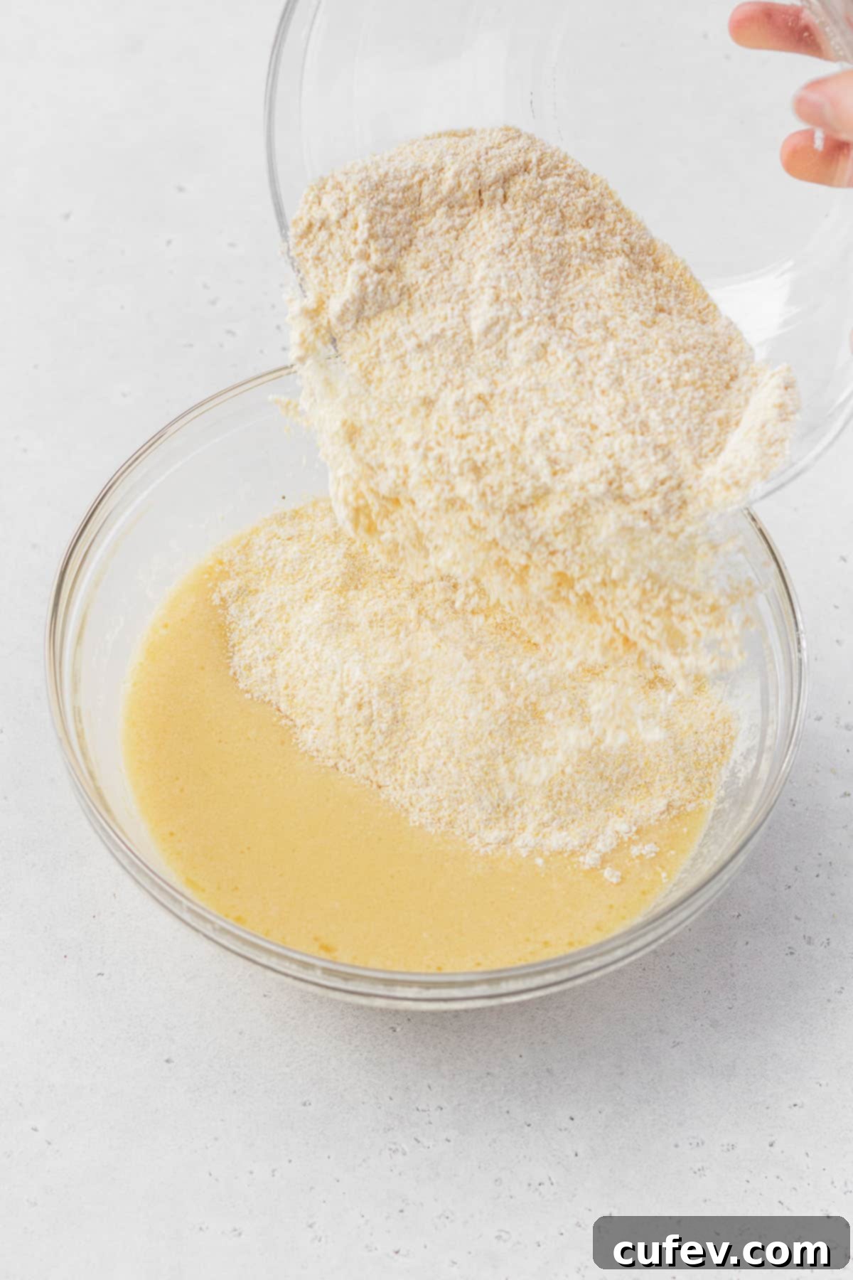 Golden Gluten-Free Cornbread Delight 8 Pouring dry ingredients into a bowl with wet ingredients for gluten-free cornbread.