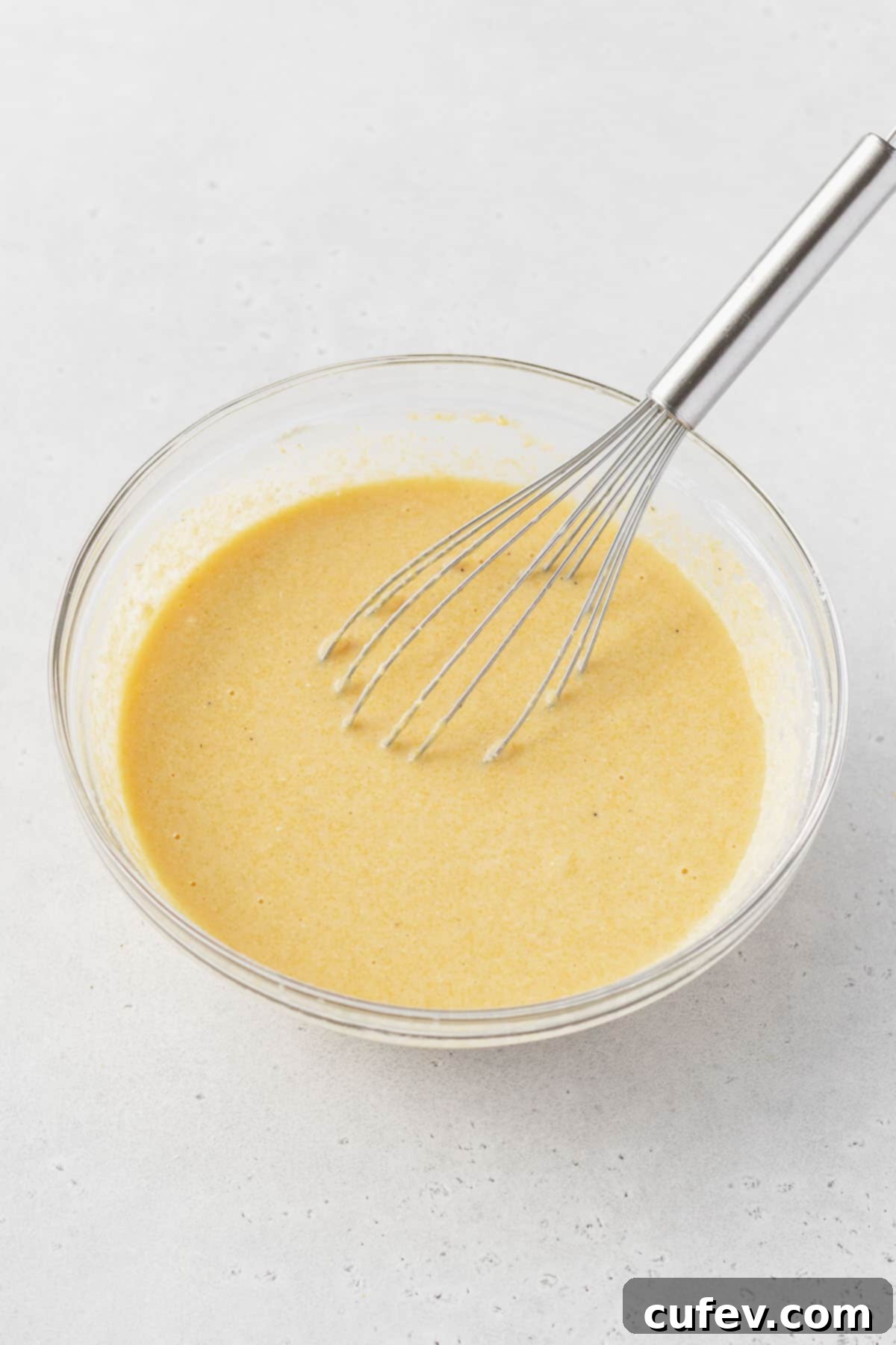 Golden Gluten-Free Cornbread Delight 9 Cornbread batter after whisking wet and dry ingredients together, looking smooth and ready for resting.
