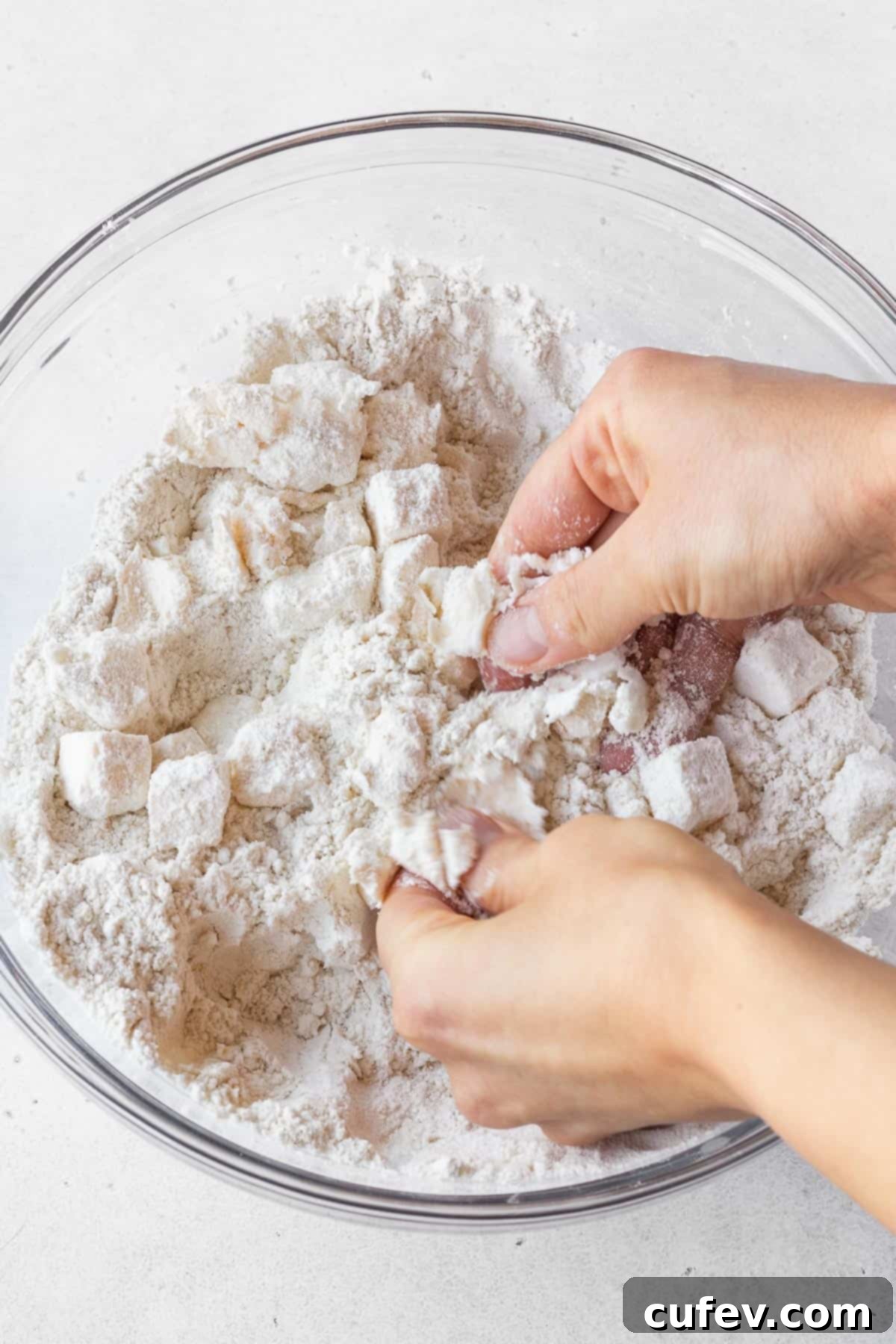 Close-up of vegan butter and shortening being pinched and worked into a flour mixture, showcasing the technique for a flaky pie crust.