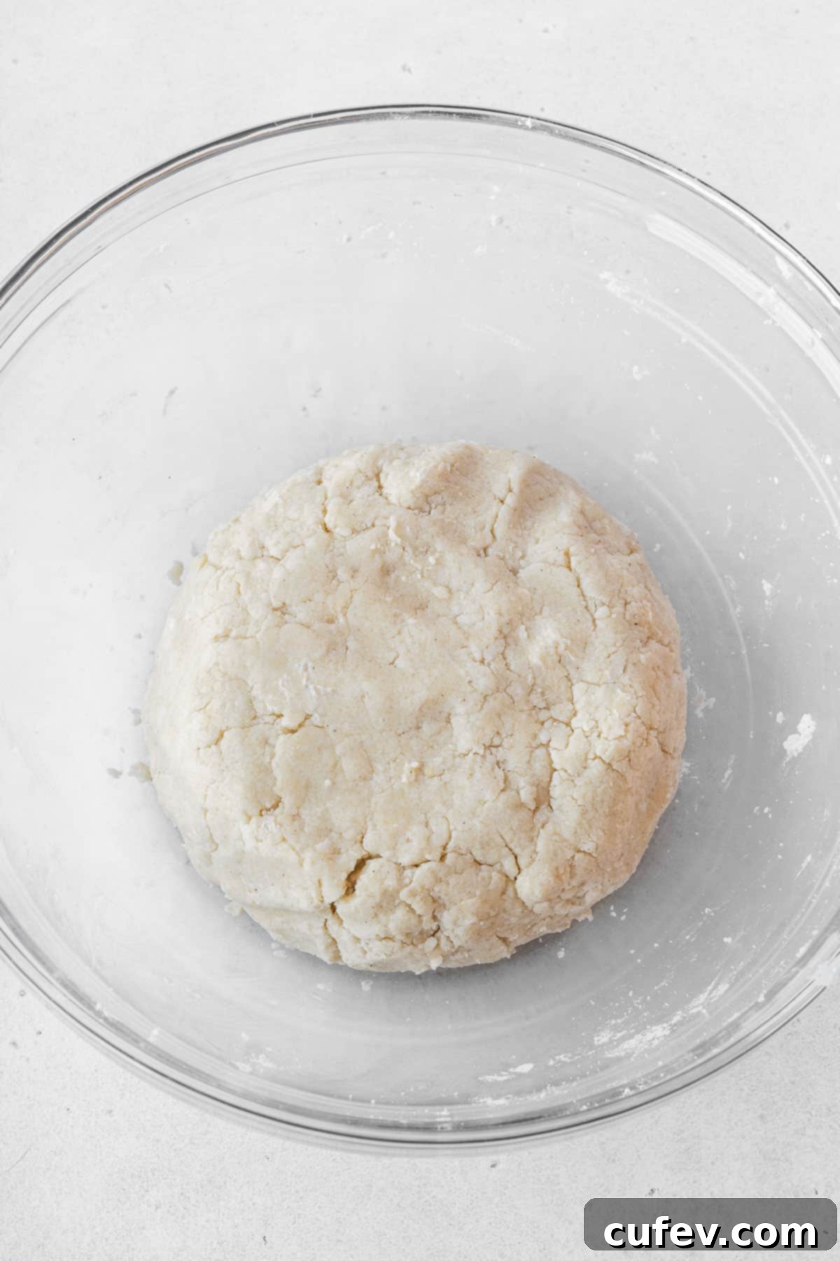 A dairy-free pie crust dough, expertly shaped into a round disk, resting in a clear glass bowl, wrapped in plastic wrap and ready for chilling.