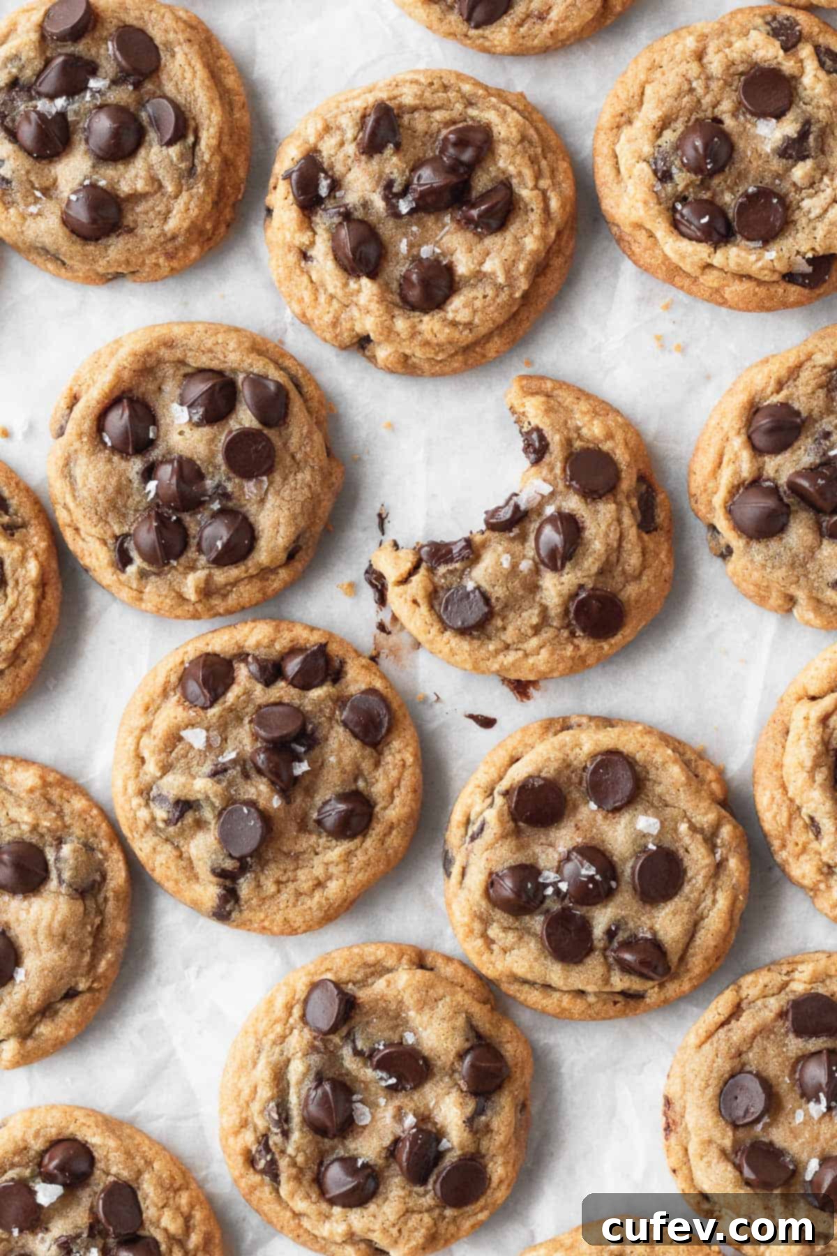 A delicious pile of gluten-free dairy-free chocolate chip cookies, with one cookie in the middle showing a bite taken out, perfect for sharing.