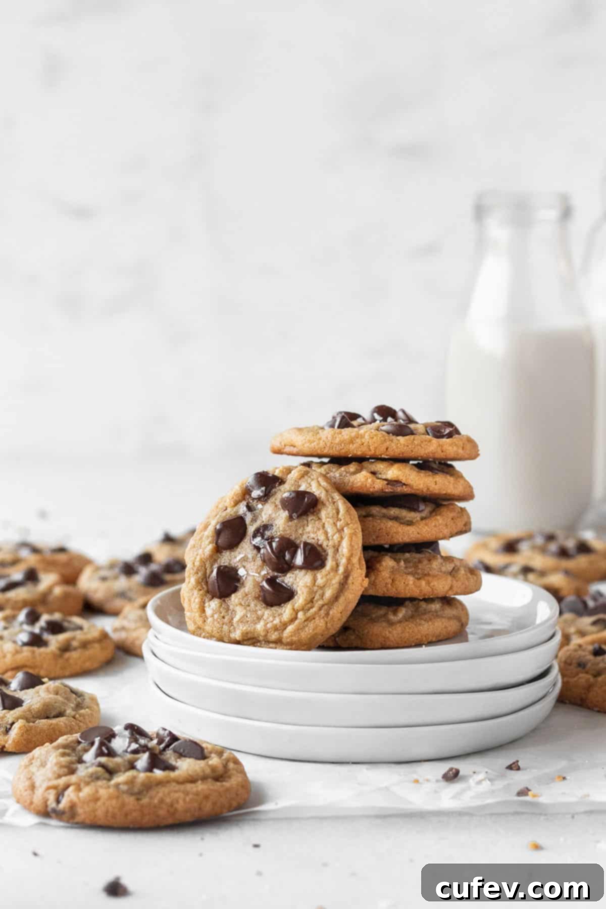 A beautiful stack of gluten-free chocolate chip cookies on white plates, with a glass jug of dairy-free milk in the softly blurred background, suggesting a delightful snack.
