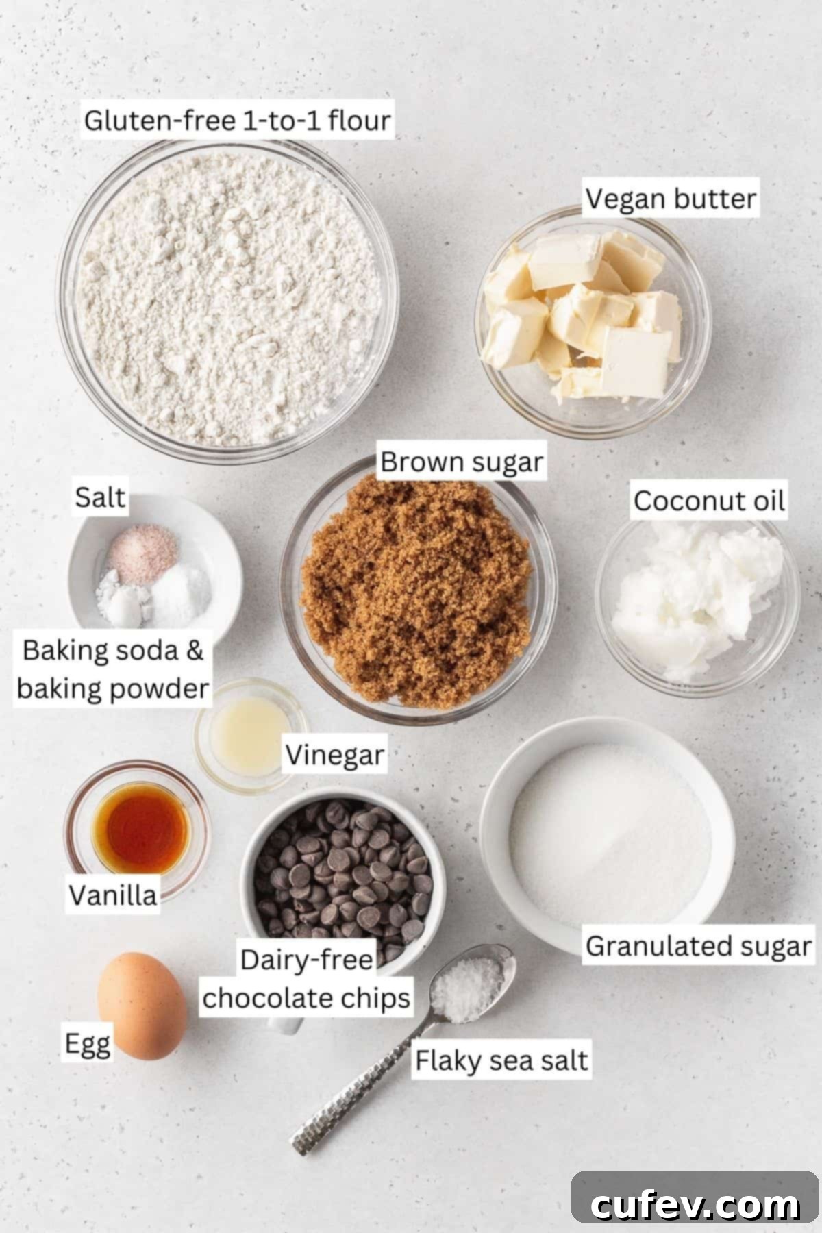 A visually appealing flat lay of all the essential ingredients for making gluten-free dairy-free chocolate chip cookies, neatly arranged on a rustic wooden table with text overlay.