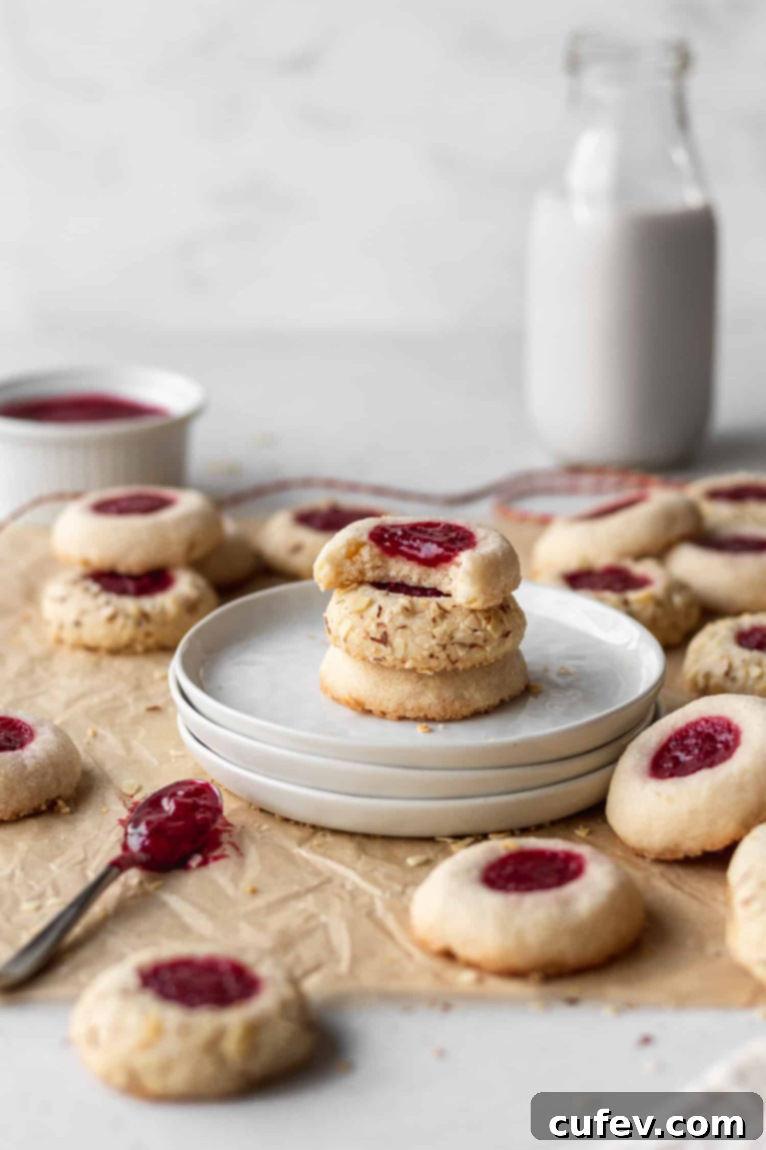 A stack of gluten free cookies on white plates