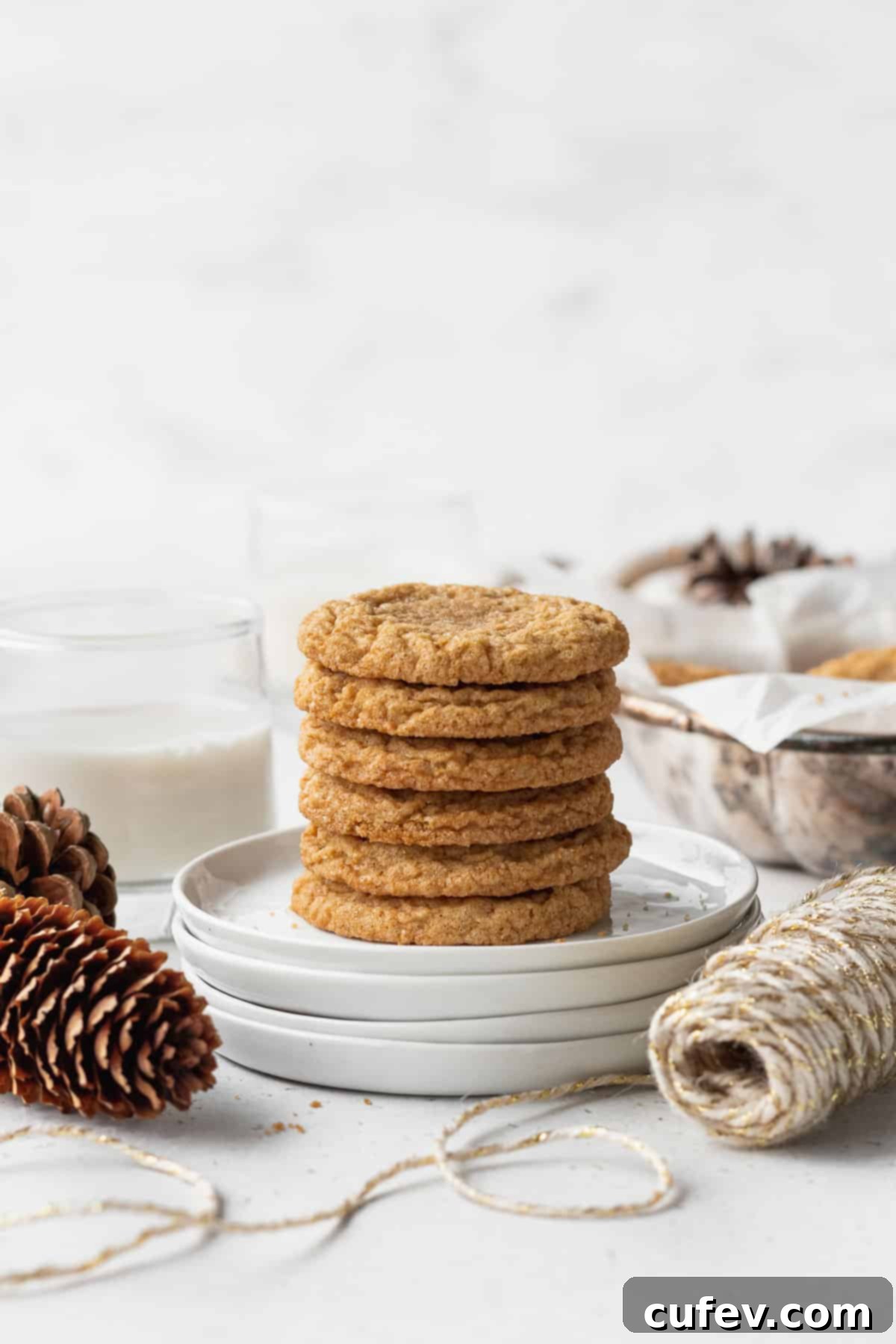 Perfectly Chewy Gluten-Free Ginger Cookies 3 A stack of ginger cookies on white plates.
