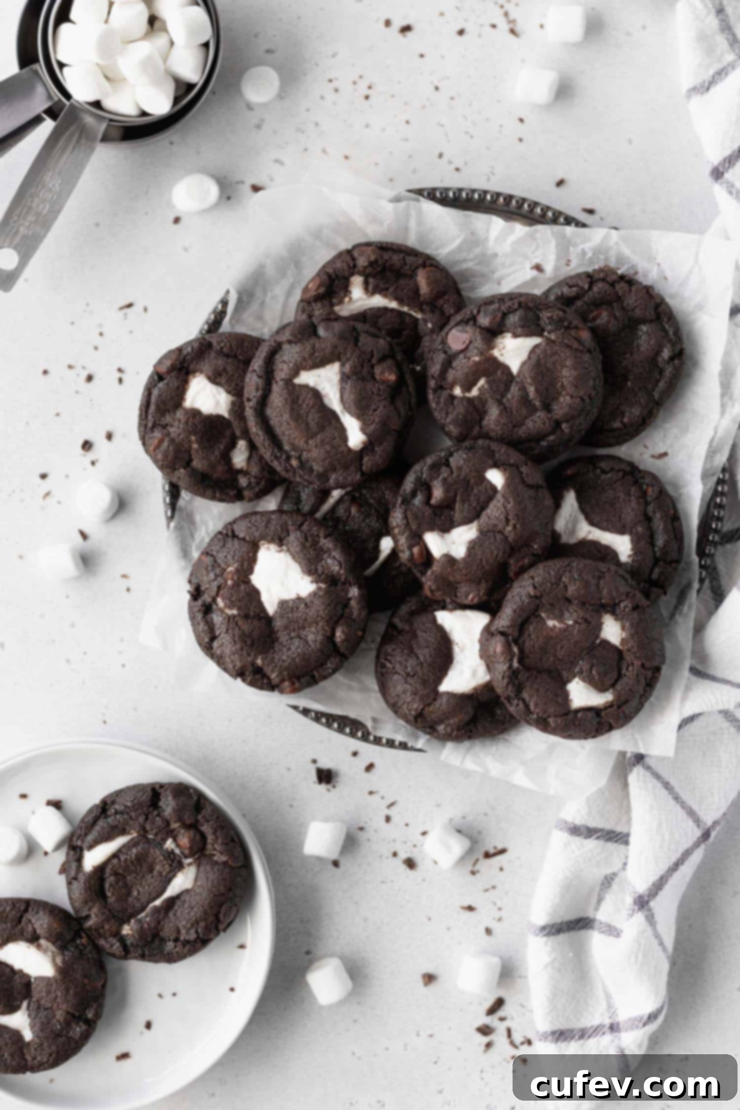Marshmallow stuffed chocolate cookies on a platter