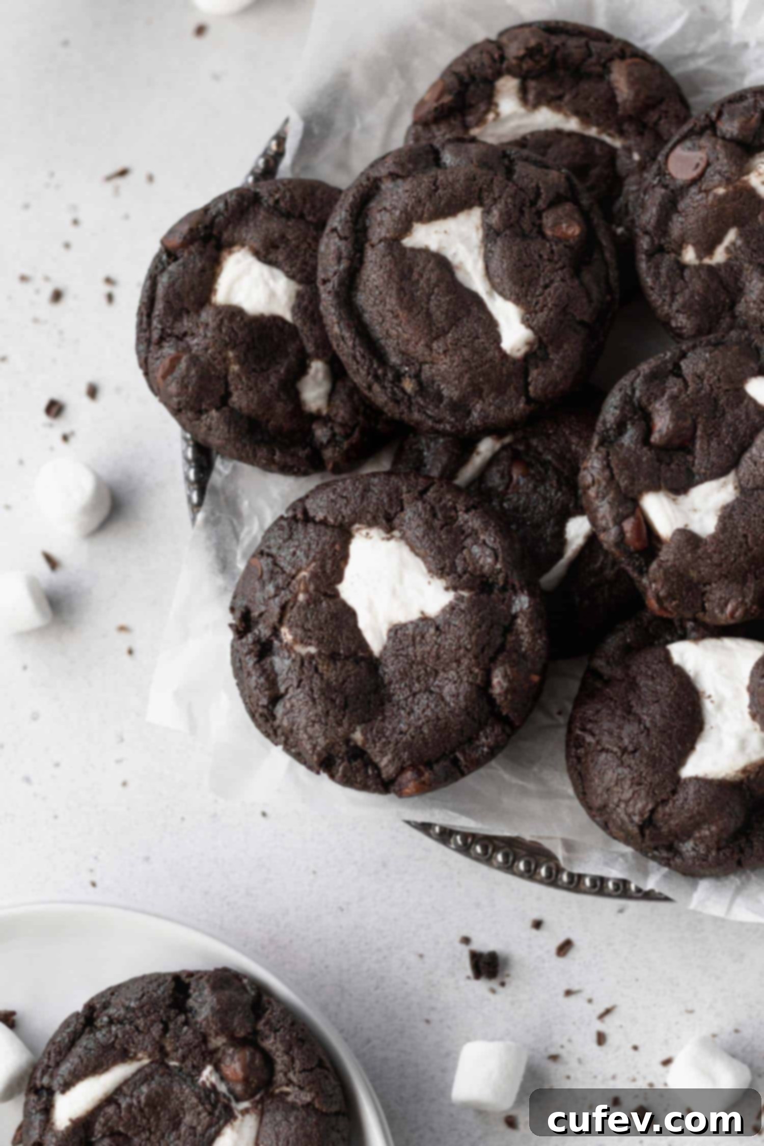 Marshmallow stuffed chocolate cookies on a platter