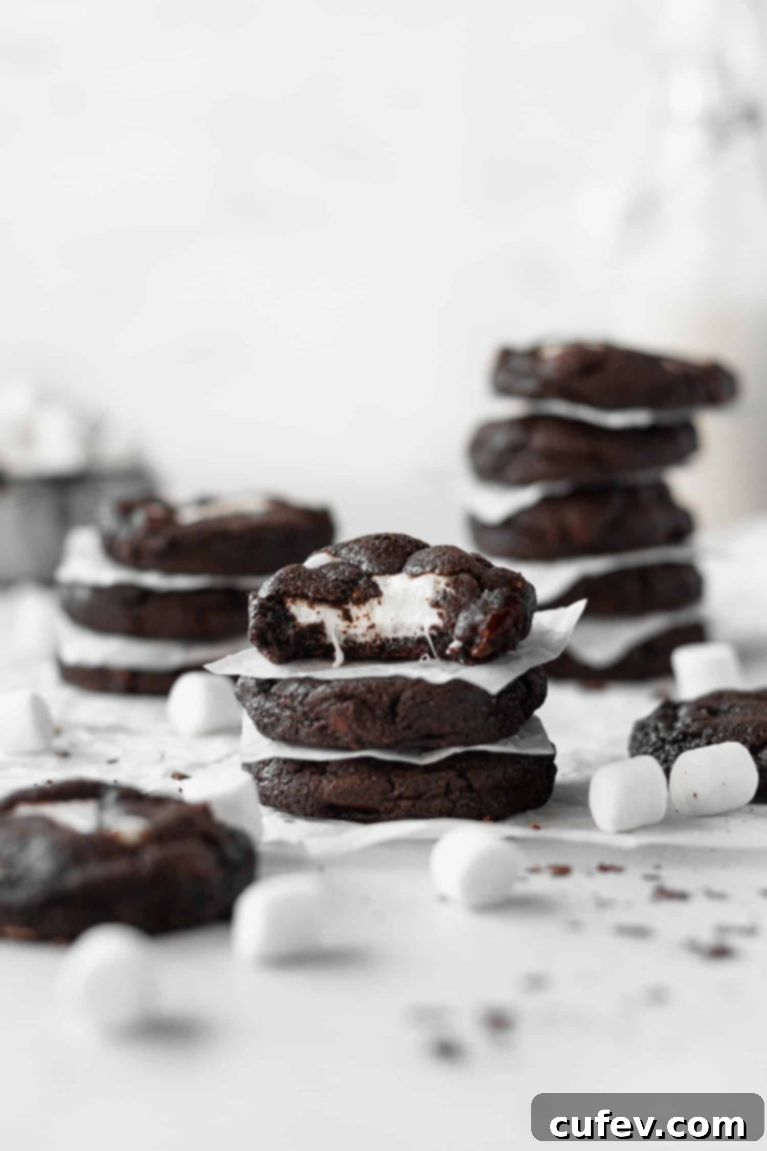 Stacks of marshmallow stuffed gluten-free chocolate cookies
